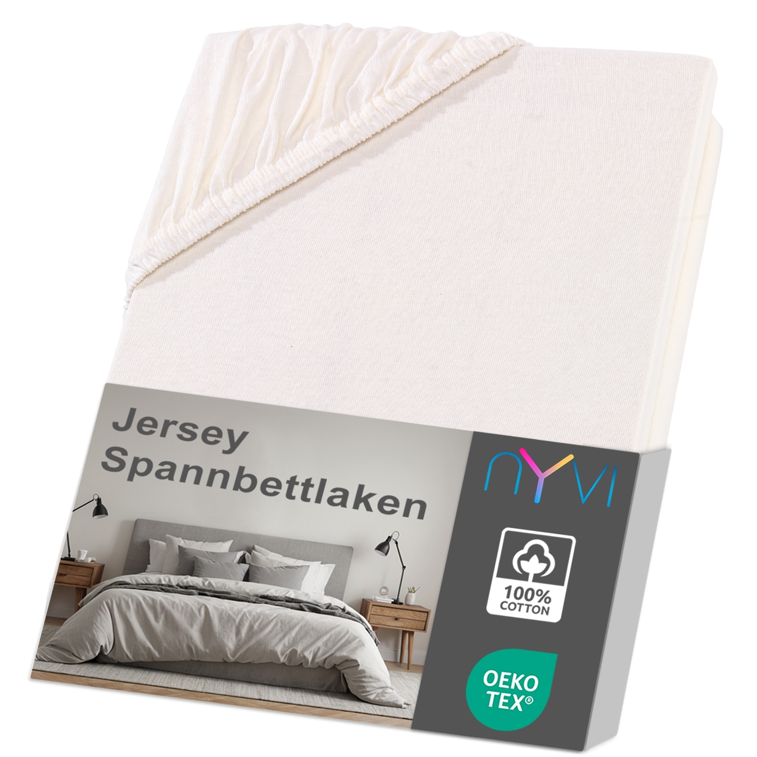 NYVI Jersey Spannbettlaken DreamScience f&uuml;r Matratzen bis 22 cm H&ouml;he - Weich & Anschmiegsam, Rundumgummizug, B&uuml;gelfrei Farbe:natur;Gr&ouml;&szlig;e:180x200 - 200x200 cm - Bild 1