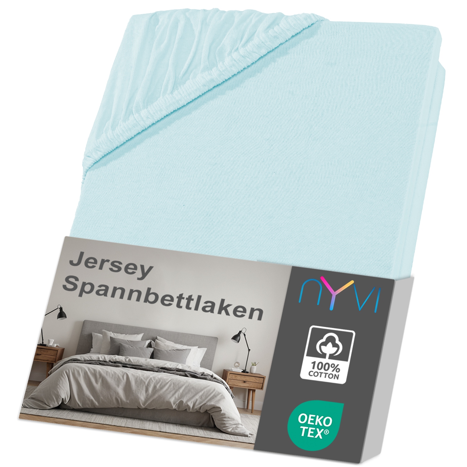 NYVI Jersey Spannbettlaken DreamScience f&uuml;r Matratzen bis 22 cm H&ouml;he - Weich & Anschmiegsam, Rundumgummizug, B&uuml;gelfrei Farbe:aqua;Gr&ouml;&szlig;e:180x200 - 200x200 cm - Bild 1