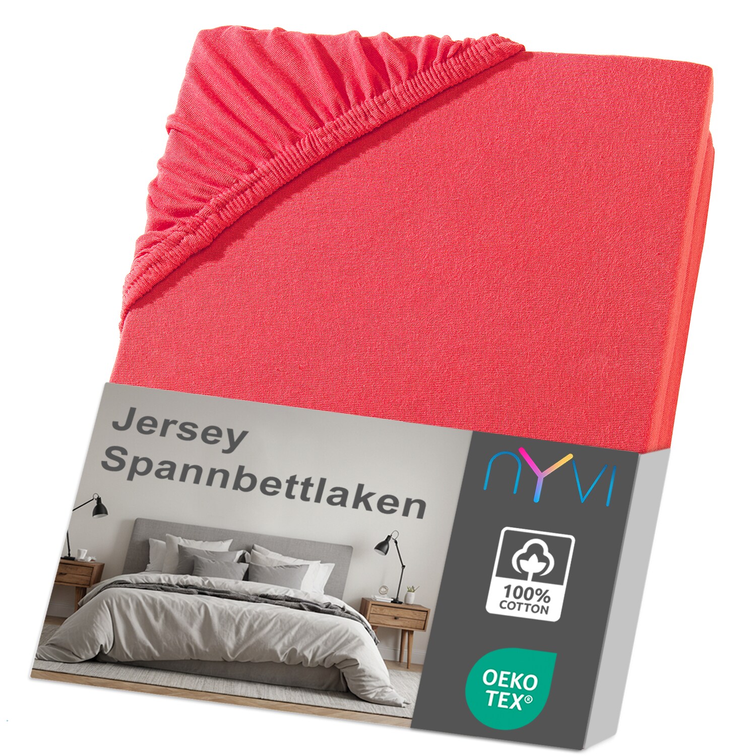 NYVI Jersey Spannbettlaken DreamScience f&uuml;r Matratzen bis 22 cm H&ouml;he - Weich & Anschmiegsam, Rundumgummizug, B&uuml;gelfrei Farbe:rot;Gr&ouml;&szlig;e:180x200 - 200x200 cm - Bild 1