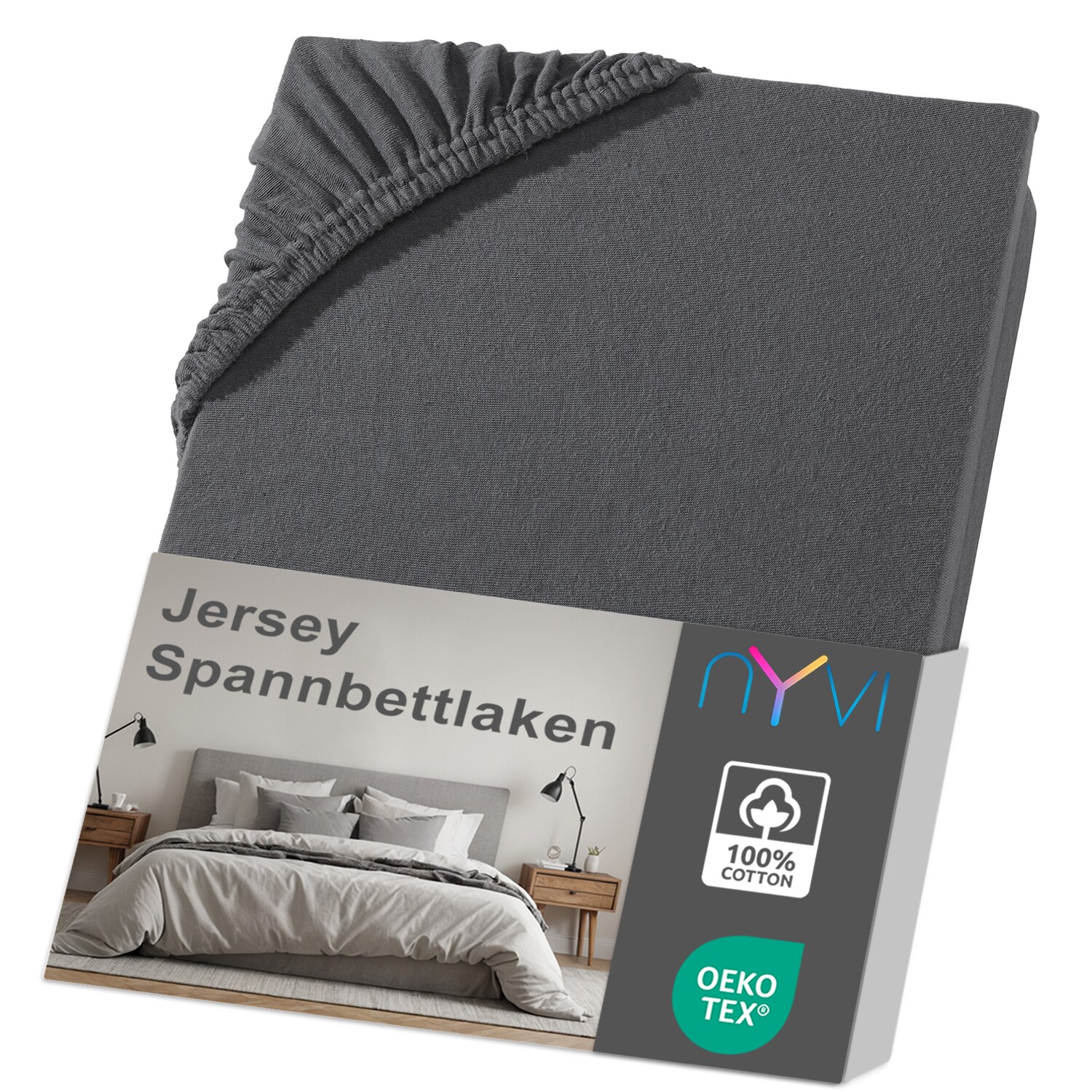 NYVI Jersey Spannbettlaken DreamScience f&uuml;r Matratzen bis 22 cm H&ouml;he - Weich & Anschmiegsam, Rundumgummizug, B&uuml;gelfrei Farbe:anthrazit;Gr&ouml;&szlig;e:180x200 - 200x200 cm - Bild 1