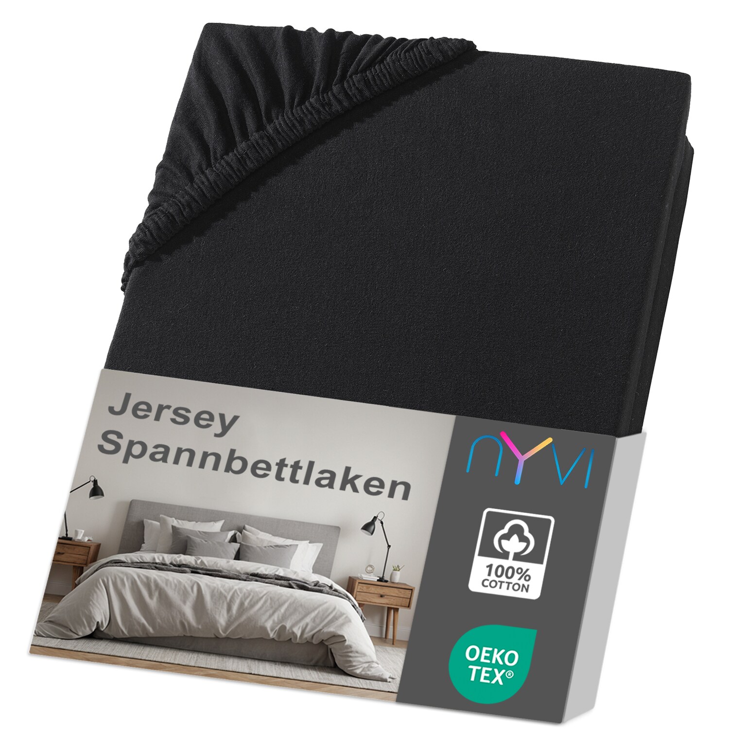 NYVI Jersey Spannbettlaken DreamScience f&uuml;r Matratzen bis 22 cm H&ouml;he - Weich & Anschmiegsam, Rundumgummizug, B&uuml;gelfrei Farbe:schwarz;Gr&ouml;&szlig;e:180x200 - 200x200 cm - Bild 1