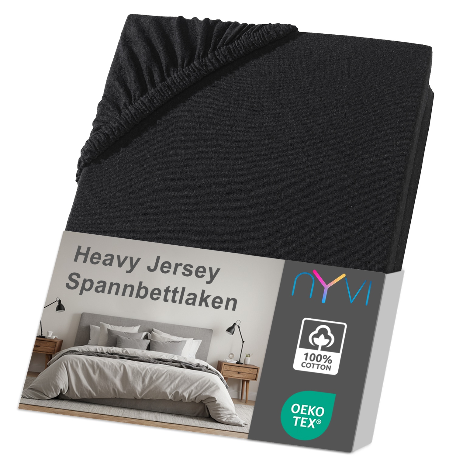NYVI Spannbettlaken DreamScience Heavy Jersey  - Spannbetttuch, Formstabil, 160g/m&sup2;, Rundum-Gummizug, B&uuml;gelfrei Farbe:schwarz;Gr&ouml;&szlig;e:90x200 - 100x200 cm - Bild 1