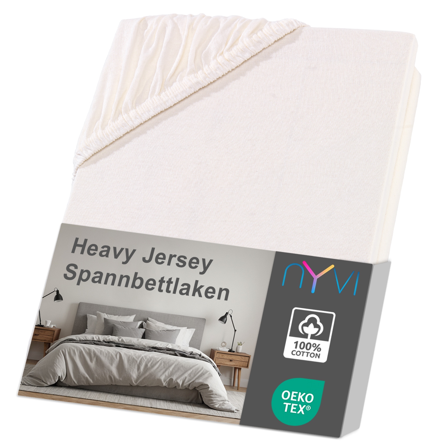 NYVI Spannbettlaken DreamScience Heavy Jersey  - Spannbetttuch, Formstabil, 160g/m&sup2;, Rundum-Gummizug, B&uuml;gelfrei Farbe:natur;Gr&ouml;&szlig;e:140 - 160x220 + 40 cm Boxspringbett - Bild 1