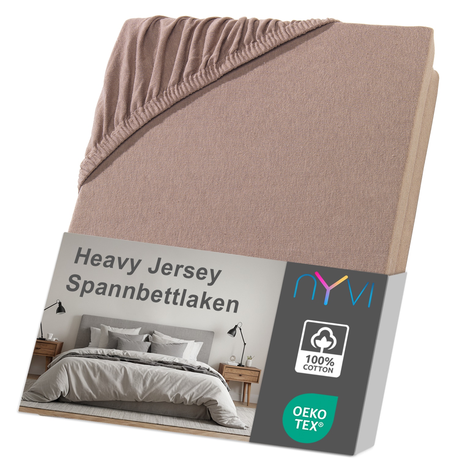 NYVI Spannbettlaken DreamScience Heavy Jersey  - Spannbetttuch, Formstabil, 160g/m&sup2;, Rundum-Gummizug, B&uuml;gelfrei Farbe:nougat;Gr&ouml;&szlig;e:140 - 160x220 + 40 cm Boxspringbett - Bild 1