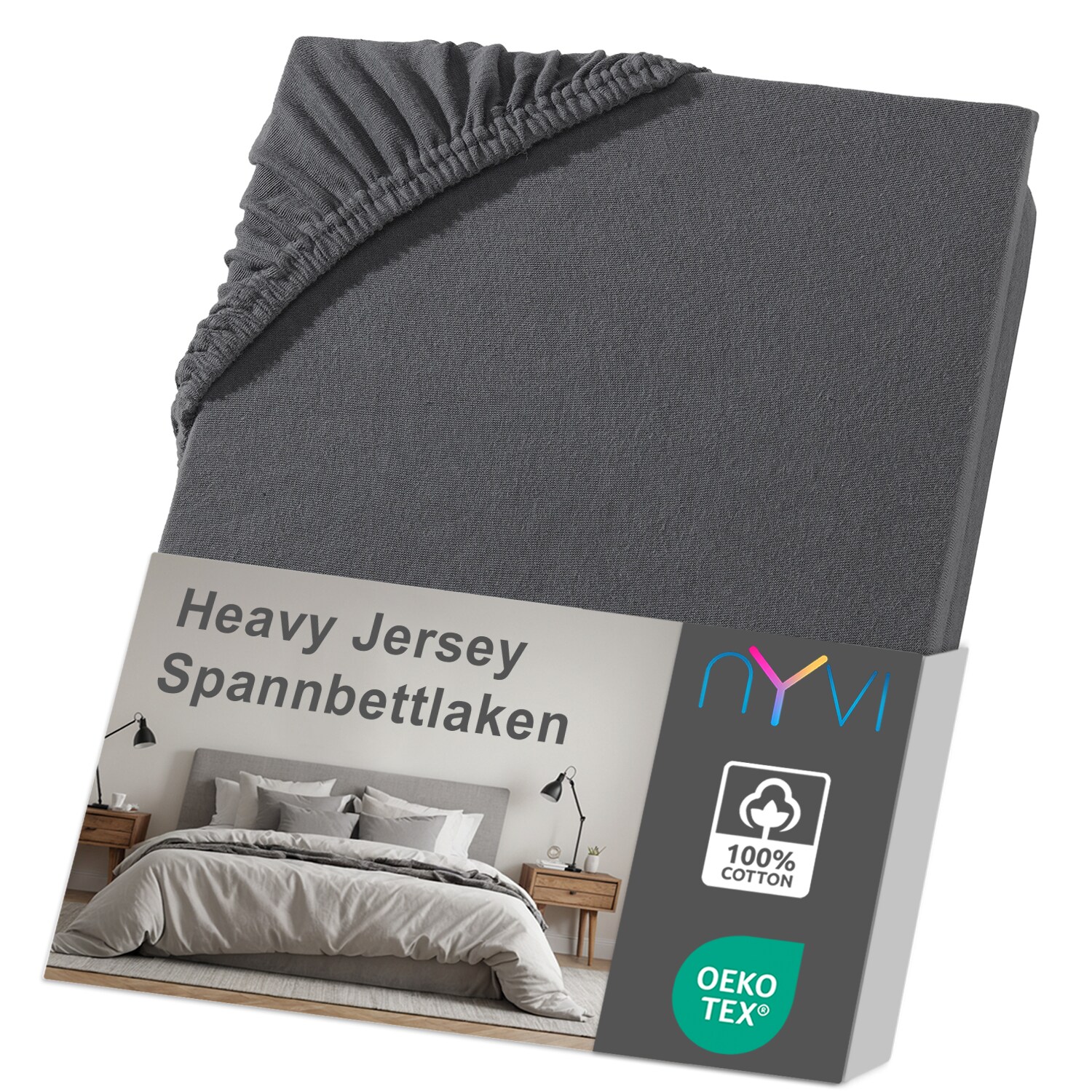 NYVI Spannbettlaken DreamScience Heavy Jersey  - Spannbetttuch, Formstabil, 160g/m&sup2;, Rundum-Gummizug, B&uuml;gelfrei Farbe:anthrazit;Gr&ouml;&szlig;e:140 - 160x220 + 40 cm Boxspringbett - Bild 1