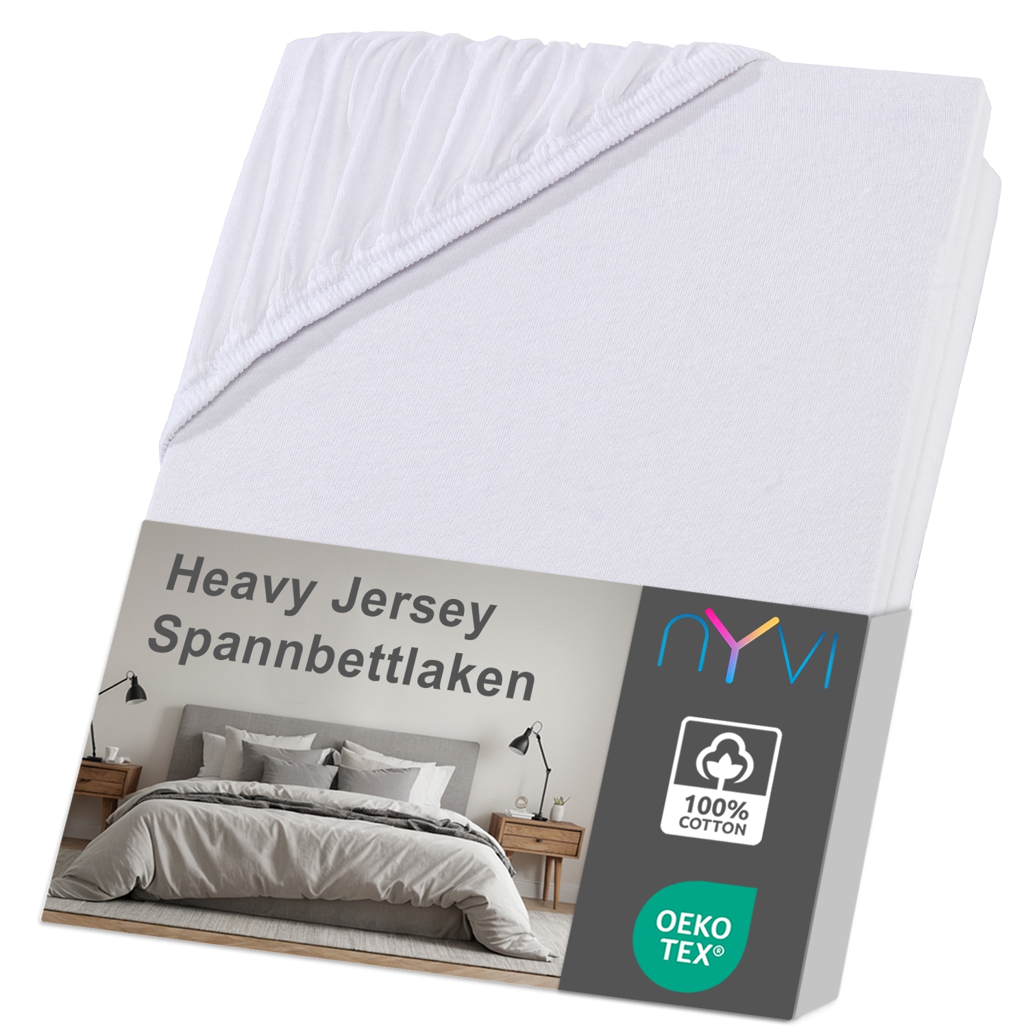NYVI Spannbettlaken DreamScience Heavy Jersey  - Spannbetttuch, Formstabil, 160g/m&sup2;, Rundum-Gummizug, B&uuml;gelfrei Farbe:wei&szlig;;Gr&ouml;&szlig;e:180 - 200x200 + 15 cm Split Topper - Bild 1