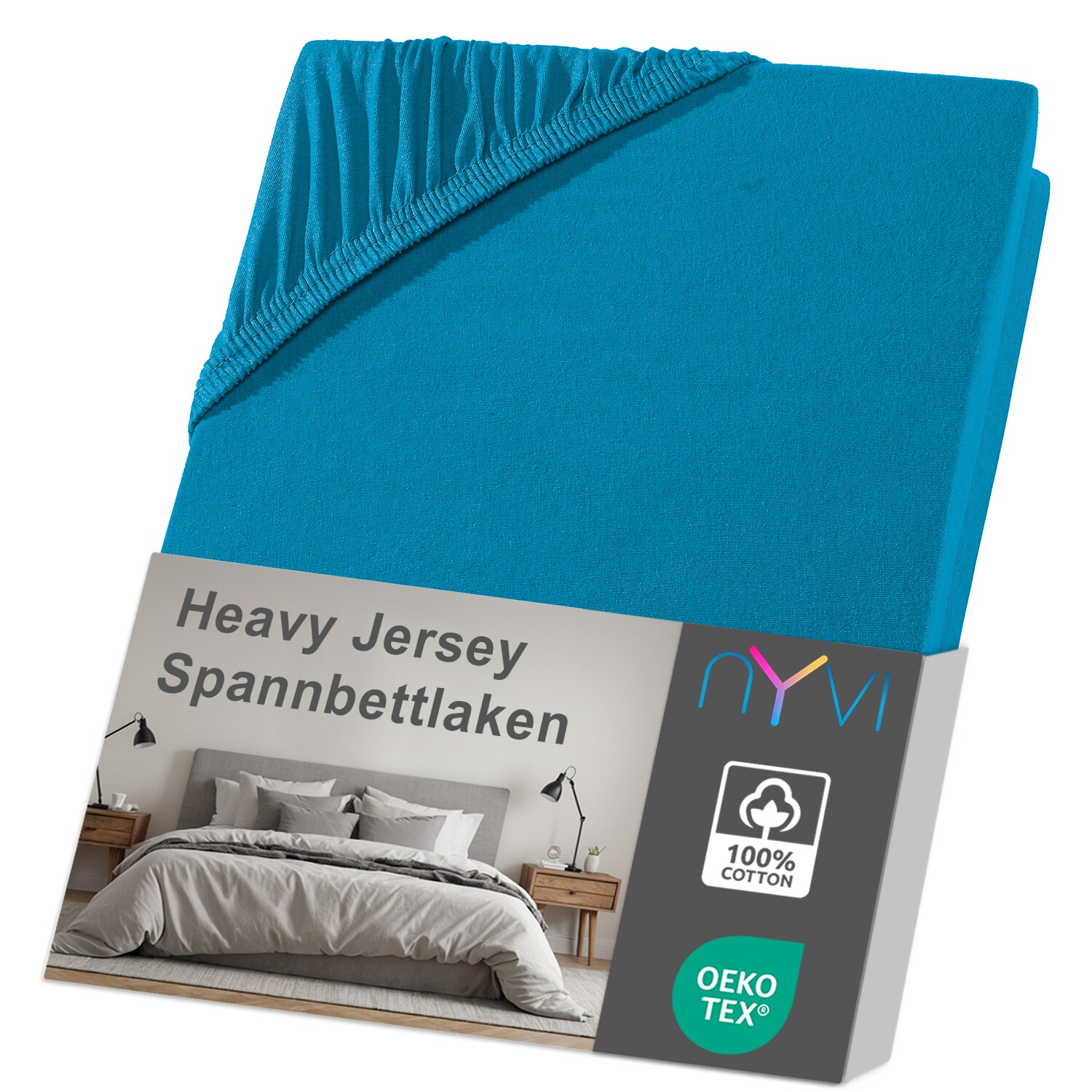 NYVI Spannbettlaken DreamScience Heavy Jersey  - Spannbetttuch, Formstabil, 160g/m&sup2;, Rundum-Gummizug, B&uuml;gelfrei Farbe:petrol;Gr&ouml;&szlig;e:180 - 200x200 + 15 cm Split Topper - Bild 1