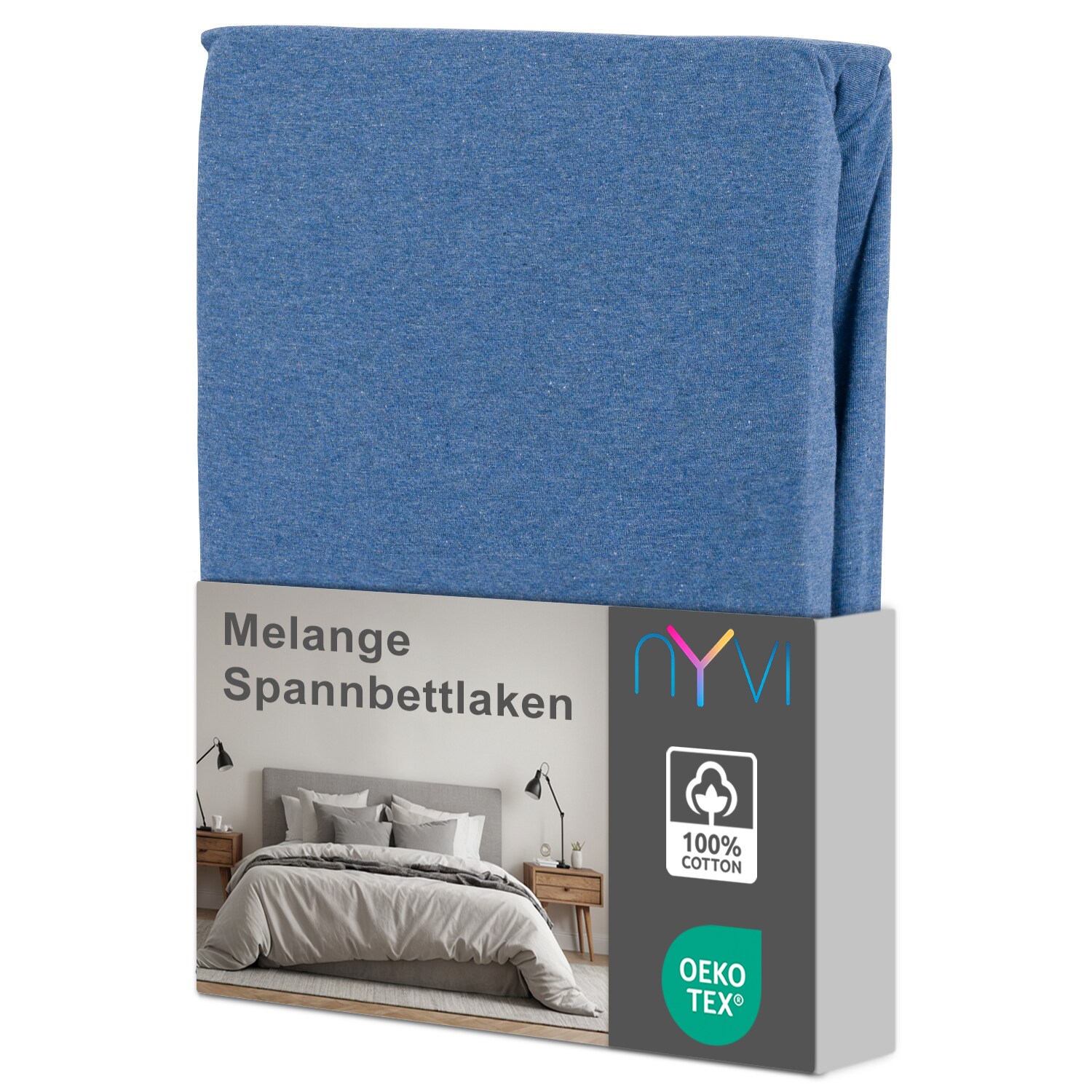 NYVI Spannbettlaken DreamScience Melange f&uuml;r Matratzen bis 22 cm H&ouml;he - 100% Baumwolle, Vintage Leinenoptik, B&uuml;gelfrei, Einlaufschutz Gr&ouml;&szlig;e:140x200 - 160x200 cm;Farbe:jeansblau - Bild 1