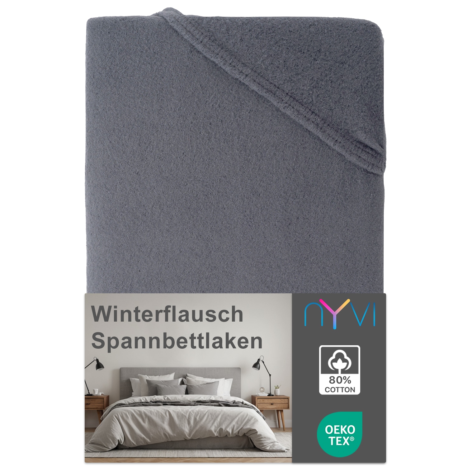 NYVI Spannbettlaken DreamScience Winterflausch f&uuml;r Matratzen bis 22 cm H&ouml;he - W&auml;rmendes & Kuschelweiches Winter Bettlaken Spannbetttuch Farbe:anthrazit;Gr&ouml;&szlig;e:90x200 - 100x200 cm - Bild 1