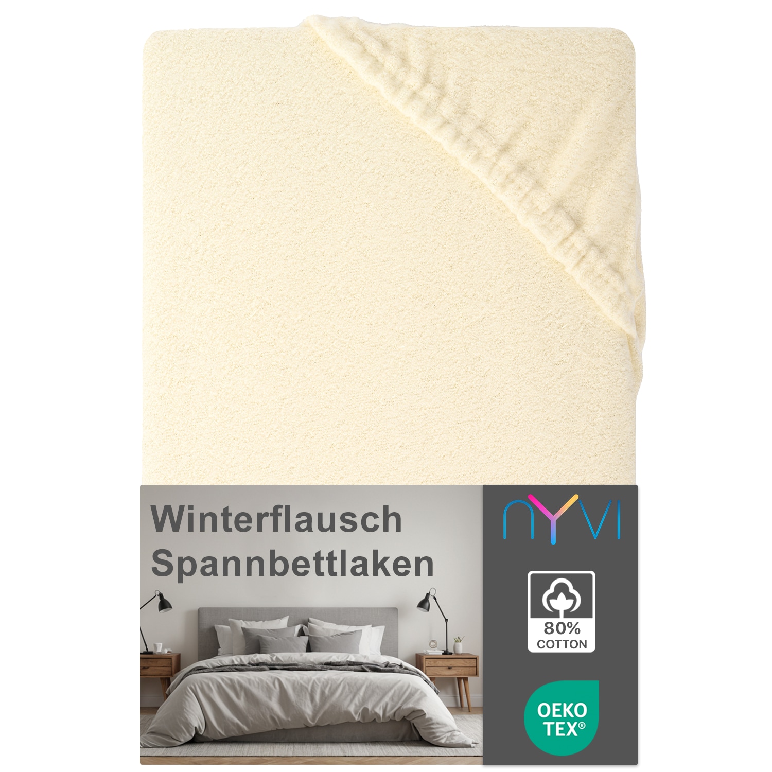NYVI Spannbettlaken DreamScience Winterflausch f&uuml;r Matratzen bis 22 cm H&ouml;he - W&auml;rmendes & Kuschelweiches Winter Bettlaken Spannbetttuch Farbe:natur;Gr&ouml;&szlig;e:140x200 - 160x200 cm - Bild 1