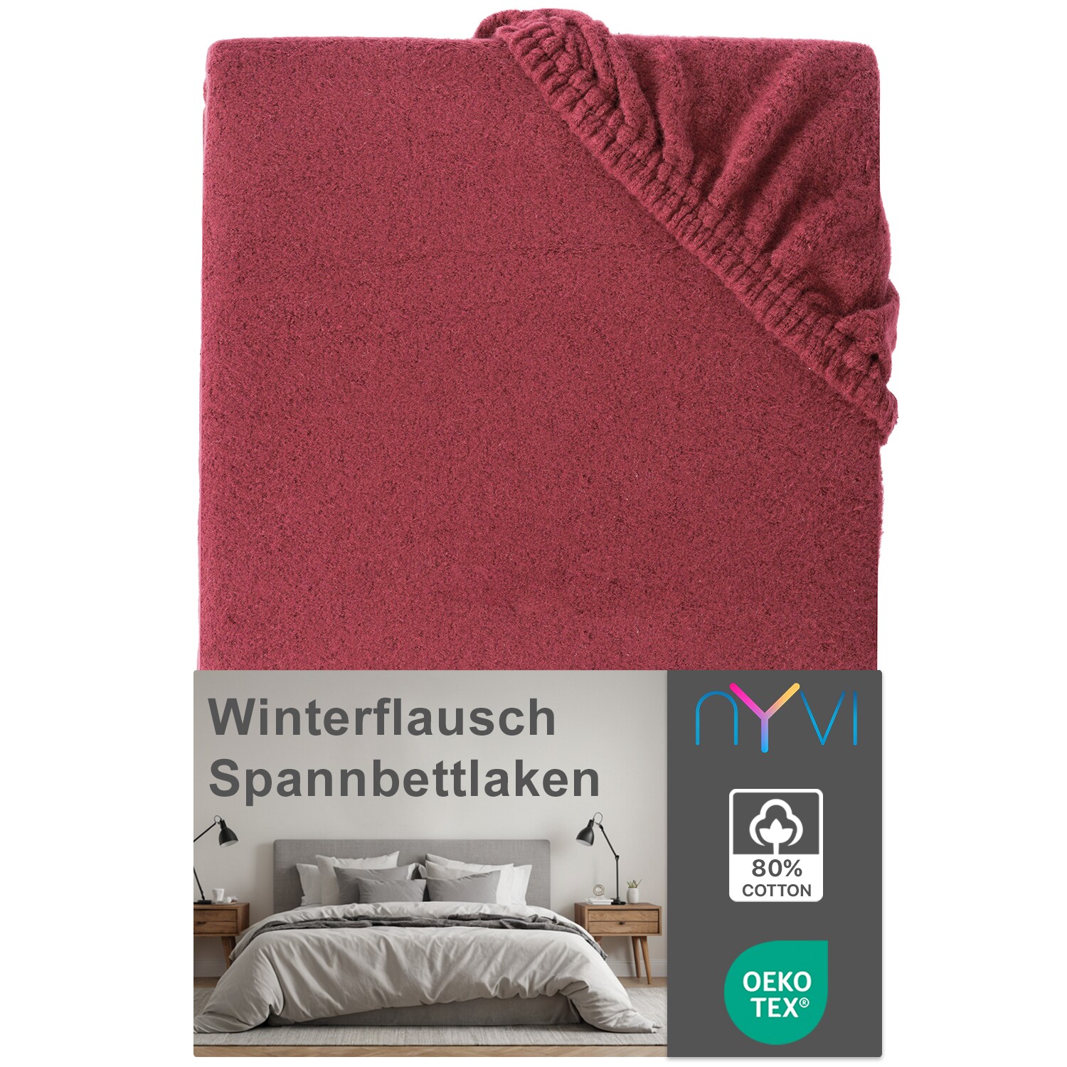 NYVI Spannbettlaken DreamScience Winterflausch f&uuml;r Matratzen bis 22 cm H&ouml;he - W&auml;rmendes & Kuschelweiches Winter Bettlaken Spannbetttuch Farbe:bordeaux;Gr&ouml;&szlig;e:140x200 - 160x200 cm - Bild 1