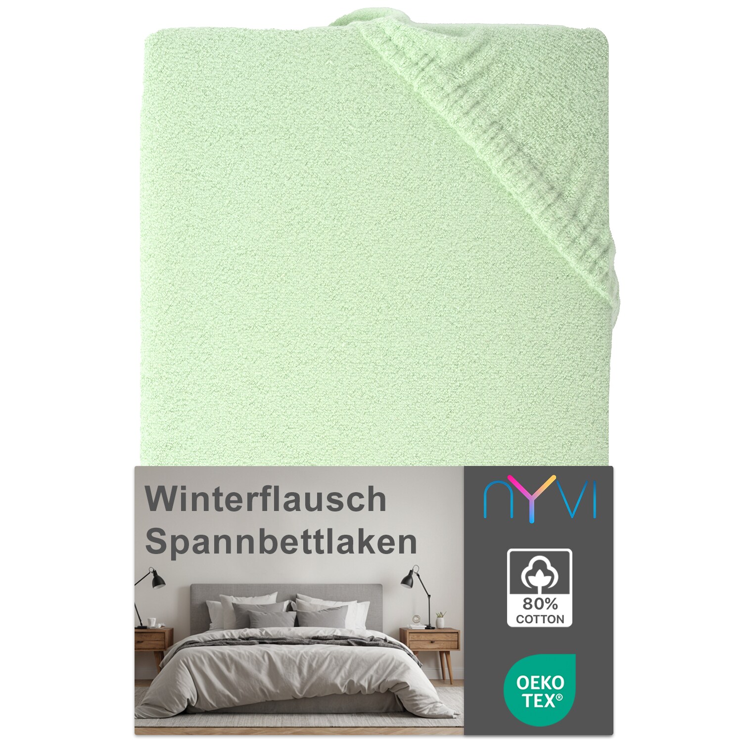 NYVI Spannbettlaken DreamScience Winterflausch f&uuml;r Matratzen bis 22 cm H&ouml;he - W&auml;rmendes & Kuschelweiches Winter Bettlaken Spannbetttuch Farbe:eukalyptus;Gr&ouml;&szlig;e:140x200 - 160x200 cm - Bild 1