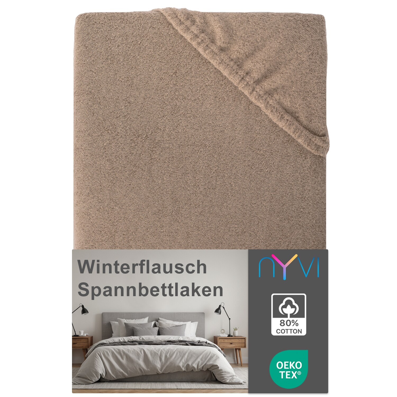 NYVI Spannbettlaken DreamScience Winterflausch f&uuml;r Matratzen bis 22 cm H&ouml;he - W&auml;rmendes & Kuschelweiches Winter Bettlaken Spannbetttuch Farbe:nougat;Gr&ouml;&szlig;e:140x200 - 160x200 cm - Bild 1
