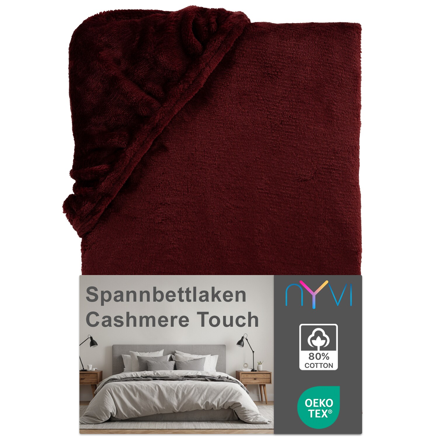 NYVI Spannbettlaken DreamScience Cashmere Touch Spannbetttuch - Kuschelweiches & W&auml;rmendes Bettlaken f&uuml;r Matratzenh&ouml;he bis zu 22 cm Farbe:bordeaux;Gr&ouml;&szlig;e:90x200 - 100x200 cm - Bild 1