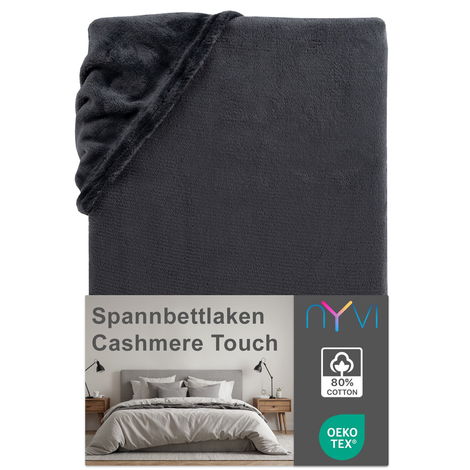 NYVI Spannbettlaken DreamScience Cashmere Touch Spannbetttuch - Kuschelweiches & W&auml;rmendes Bettlaken f&uuml;r Matratzenh&ouml;he bis zu 22 cm Farbe:anthrazit;Gr&ouml;&szlig;e:90x200 - 100x200 cm - Bild 1