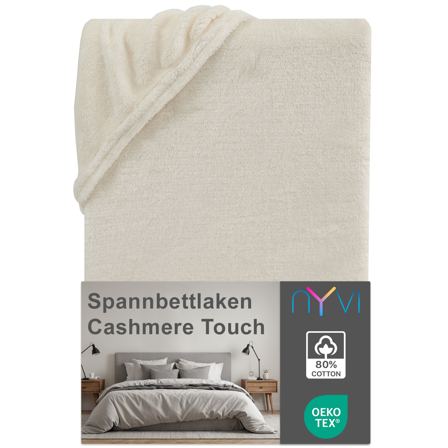 NYVI Spannbettlaken DreamScience Cashmere Touch Spannbetttuch - Kuschelweiches & W&auml;rmendes Bettlaken f&uuml;r Matratzenh&ouml;he bis zu 22 cm Farbe:natur;Gr&ouml;&szlig;e:180x200 - 200x200 cm - Bild 1