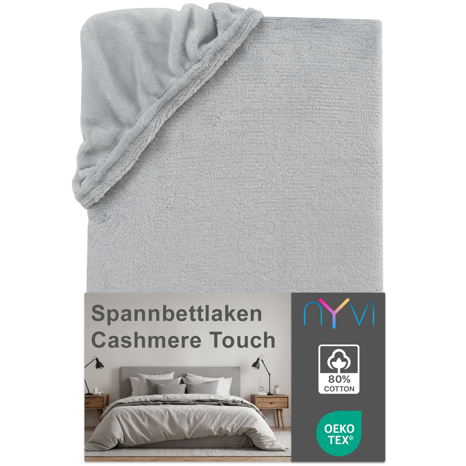 NYVI Spannbettlaken DreamScience Cashmere Touch Spannbetttuch - Kuschelweiches & W&auml;rmendes Bettlaken f&uuml;r Matratzenh&ouml;he bis zu 22 cm Farbe:silber;Gr&ouml;&szlig;e:180x200 - 200x200 cm - Bild 1