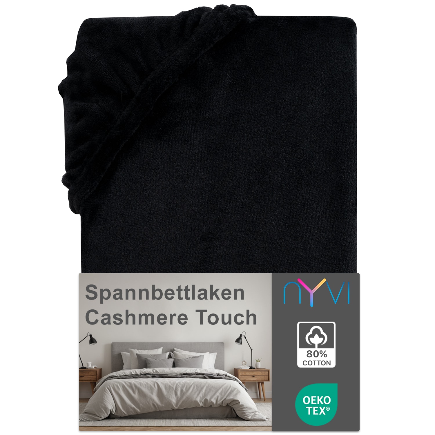NYVI Spannbettlaken DreamScience Cashmere Touch Spannbetttuch - Kuschelweiches & W&auml;rmendes Bettlaken f&uuml;r Matratzenh&ouml;he bis zu 22 cm Farbe:schwarz;Gr&ouml;&szlig;e:180x200 - 200x200 cm - Bild 1