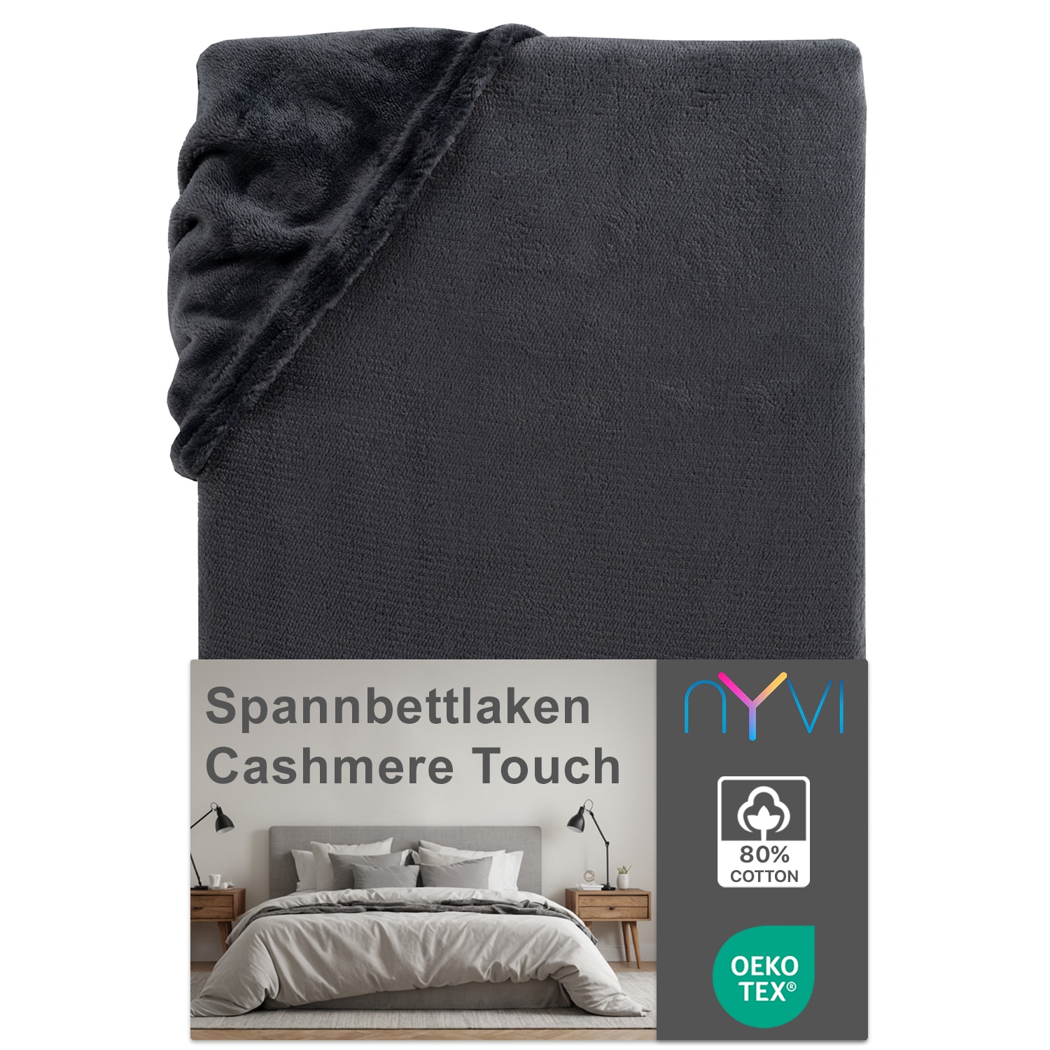 NYVI Spannbettlaken DreamScience Cashmere Touch Spannbetttuch - Kuschelweiches & W&auml;rmendes Bettlaken f&uuml;r Matratzenh&ouml;he bis zu 22 cm Farbe:anthrazit;Gr&ouml;&szlig;e:180 - 200x220 + 40 cm Boxspringbett - Bild 1