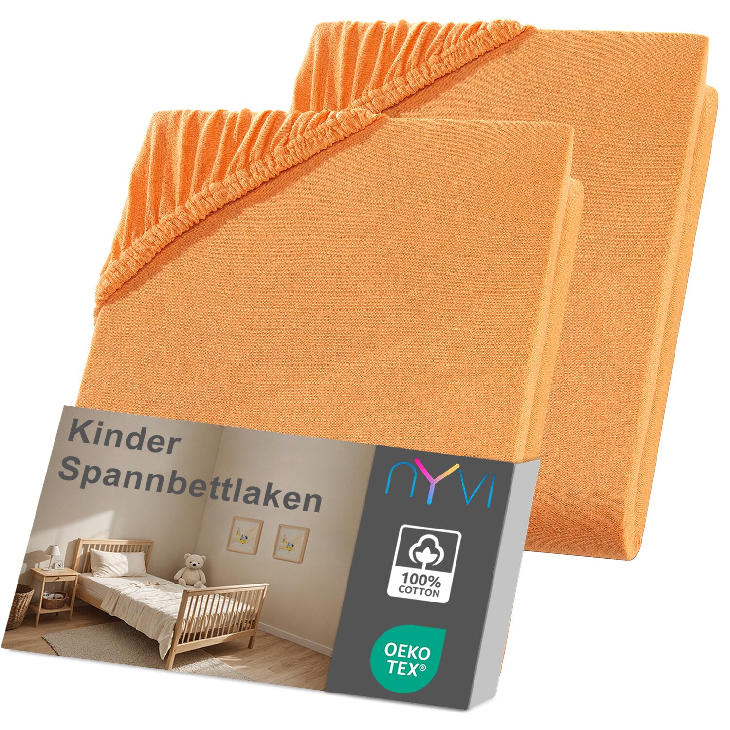 NYVI Kinder Spannbettlaken Junior f&uuml;r Kinderbettmatratzen bis 12cm H&ouml;he - Weich & Anschmiegsam, Rundumgummizug, B&uuml;gelfrei Farbe:orange;Gr&ouml;&szlig;e:70x140 cm (2er Pack) - Bild 1