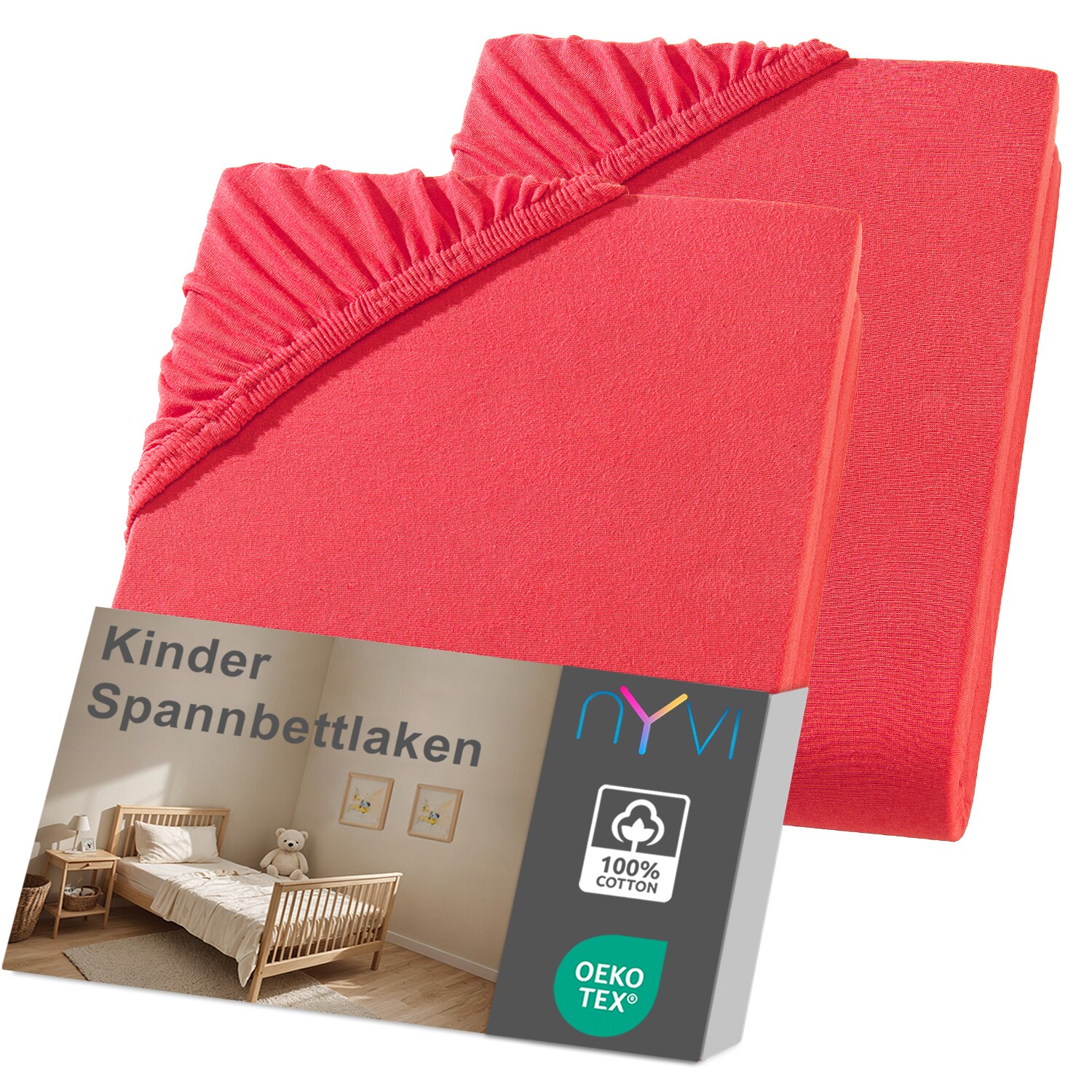 NYVI Kinder Spannbettlaken Junior f&uuml;r Kinderbettmatratzen bis 12cm H&ouml;he - Weich & Anschmiegsam, Rundumgummizug, B&uuml;gelfrei Farbe:rot;Gr&ouml;&szlig;e:70x140 cm (2er Pack) - Bild 1