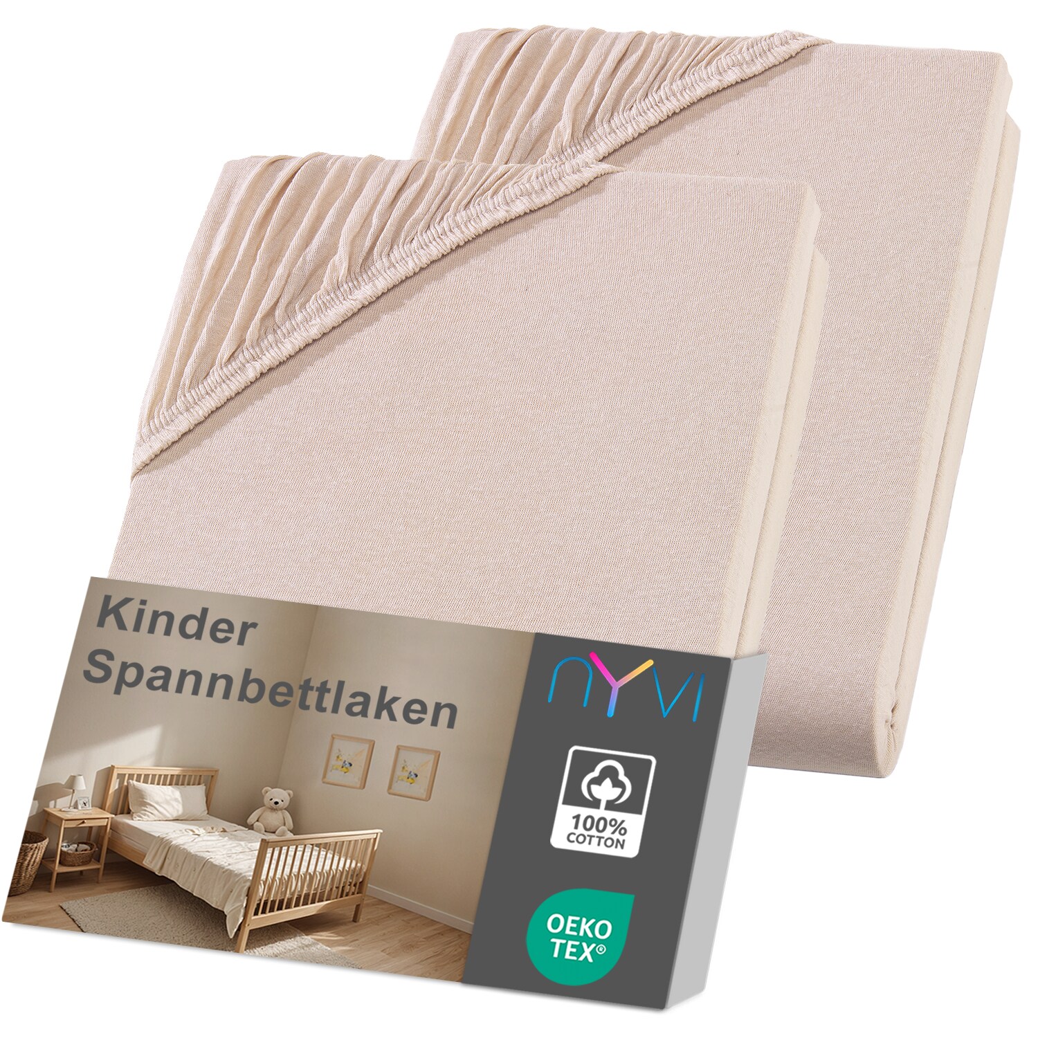 NYVI Kinder Spannbettlaken Junior f&uuml;r Kinderbettmatratzen bis 12cm H&ouml;he - Weich & Anschmiegsam, Rundumgummizug, B&uuml;gelfrei Farbe:beige;Gr&ouml;&szlig;e:70x140 cm (2er Pack) - Bild 1
