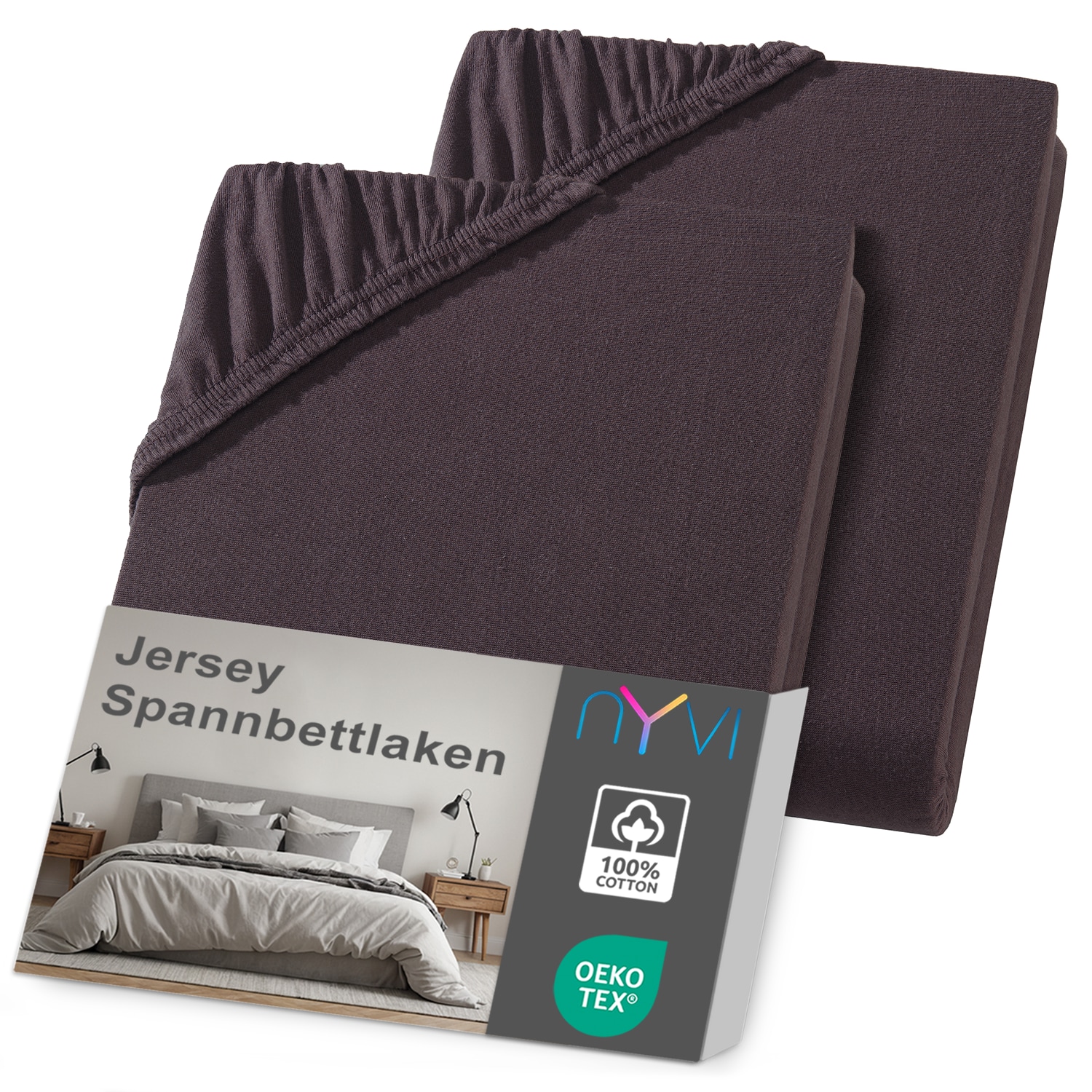 NYVI Jersey Spannbettlaken DreamScience f&uuml;r Matratzen bis 22 cm H&ouml;he - Weich & Anschmiegsam, Rundumgummizug, B&uuml;gelfrei Farbe:braun;Gr&ouml;&szlig;e:120x200 - 130x200 cm (2er Pack) - Bild 1