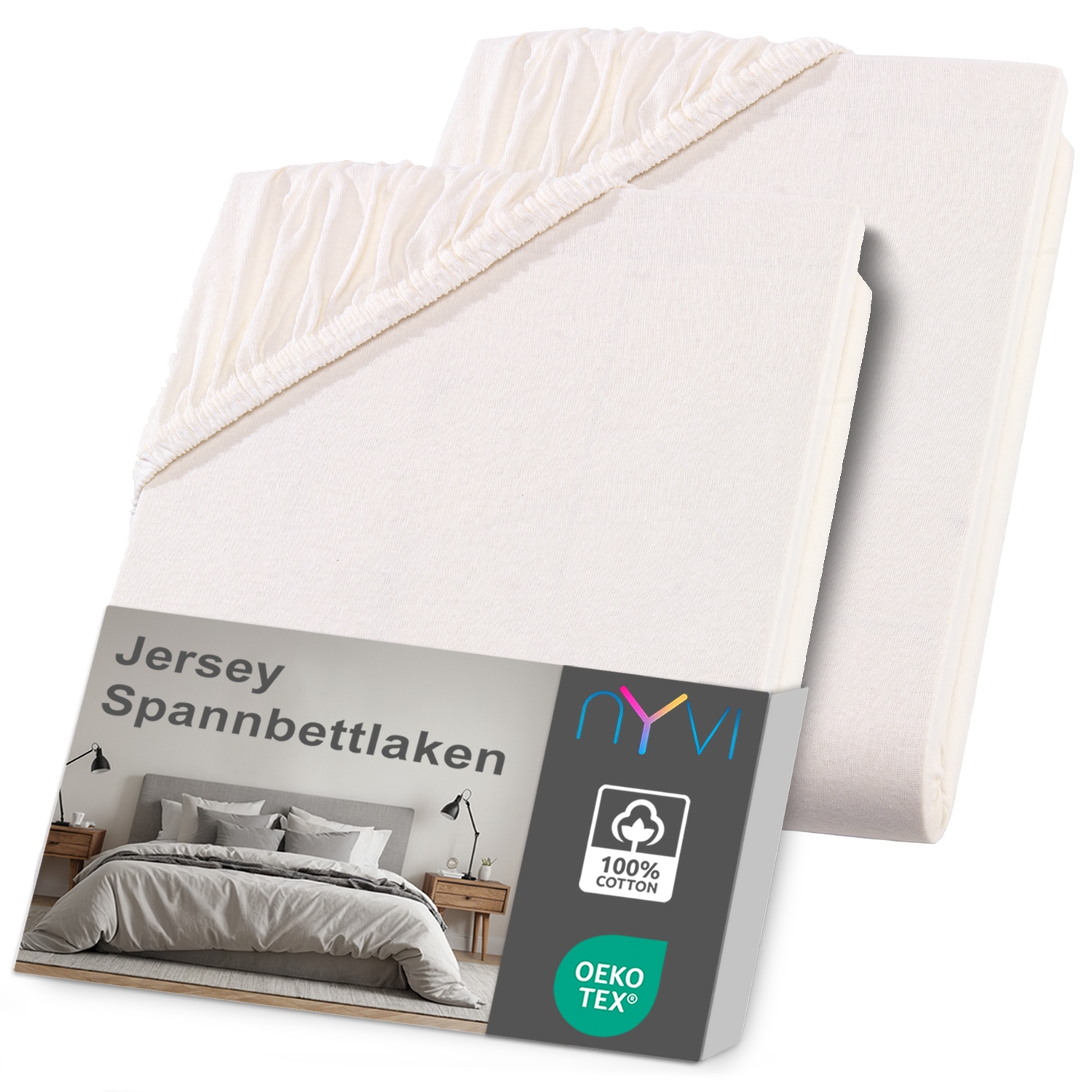 NYVI Jersey Spannbettlaken DreamScience f&uuml;r Matratzen bis 22 cm H&ouml;he - Weich & Anschmiegsam, Rundumgummizug, B&uuml;gelfrei Farbe:natur;Gr&ouml;&szlig;e:90x200 - 100x200 cm (2er Pack) - Bild 1