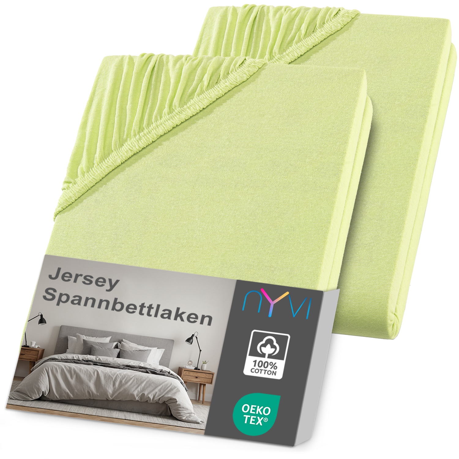 NYVI Jersey Spannbettlaken DreamScience f&uuml;r Matratzen bis 22 cm H&ouml;he - Weich & Anschmiegsam, Rundumgummizug, B&uuml;gelfrei Farbe:apfelgr&uuml;n;Gr&ouml;&szlig;e:90x200 - 100x200 cm (2er Pack) - Bild 1