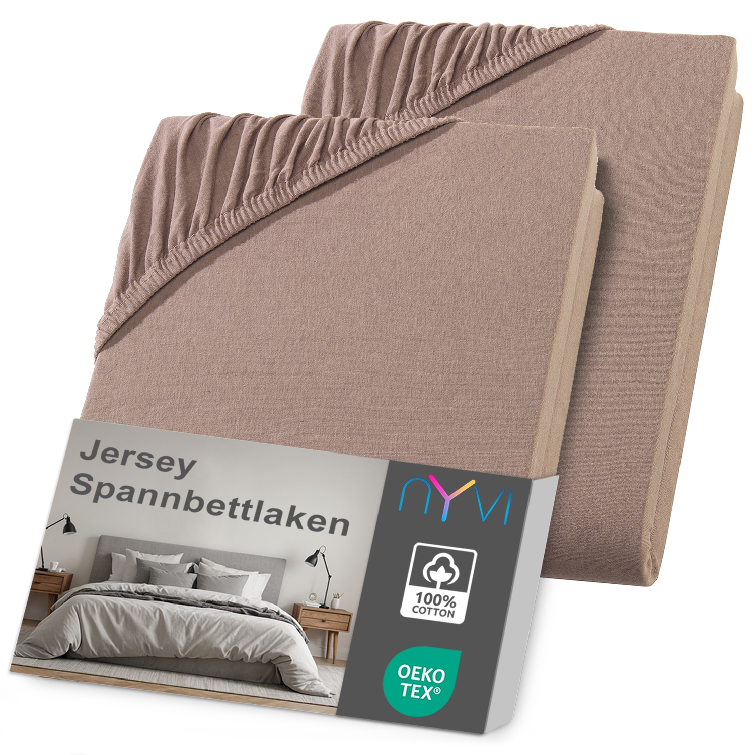 NYVI Jersey Spannbettlaken DreamScience f&uuml;r Matratzen bis 22 cm H&ouml;he - Weich & Anschmiegsam, Rundumgummizug, B&uuml;gelfrei Farbe:nougat;Gr&ouml;&szlig;e:90x200 - 100x200 cm (2er Pack) - Bild 1