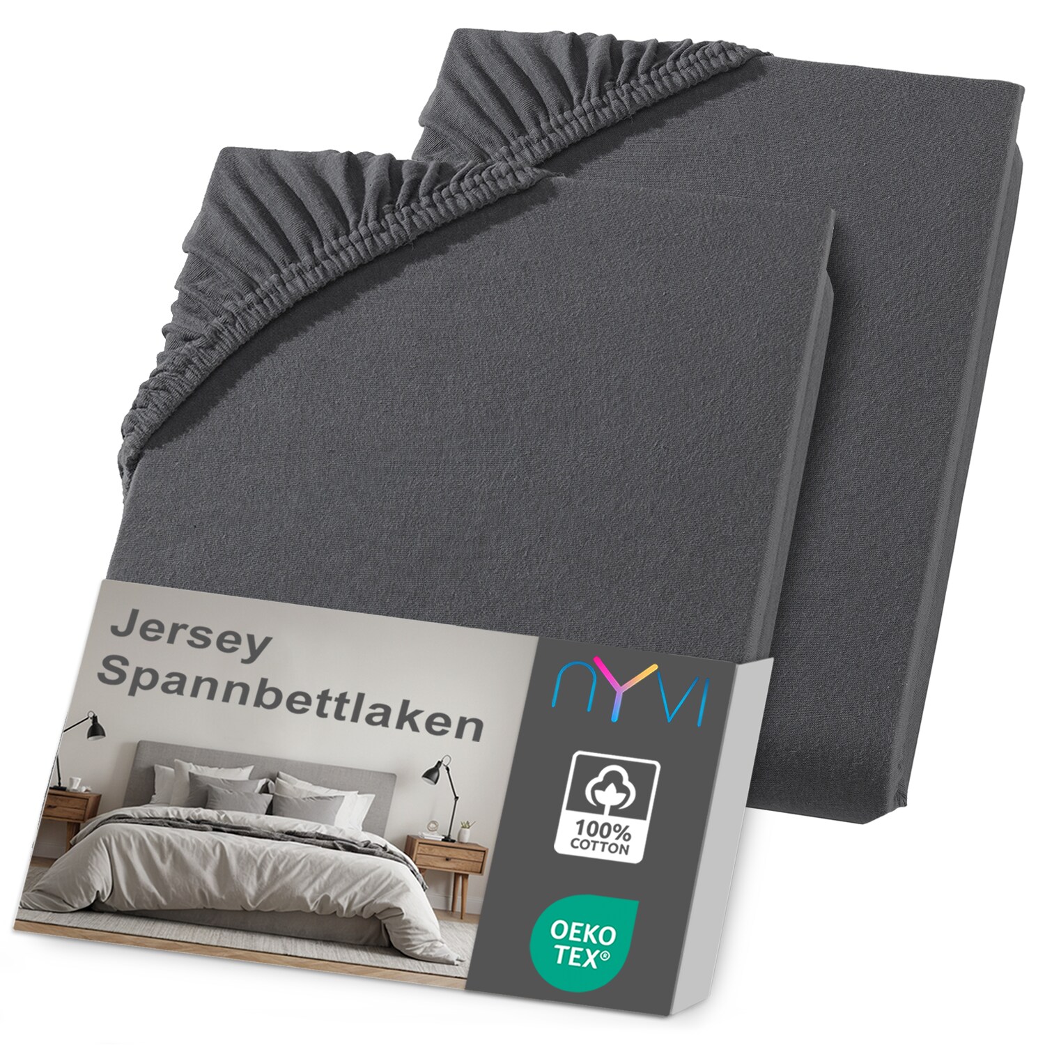 NYVI Jersey Spannbettlaken DreamScience f&uuml;r Matratzen bis 22 cm H&ouml;he - Weich & Anschmiegsam, Rundumgummizug, B&uuml;gelfrei Farbe:anthrazit;Gr&ouml;&szlig;e:90x200 - 100x200 cm (2er Pack) - Bild 1