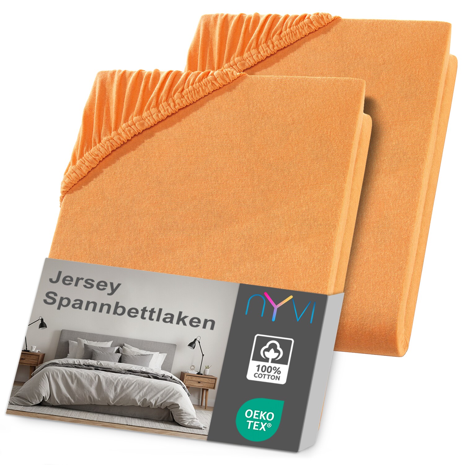 NYVI Jersey Spannbettlaken DreamScience f&uuml;r Matratzen bis 22 cm H&ouml;he - Weich & Anschmiegsam, Rundumgummizug, B&uuml;gelfrei Farbe:orange;Gr&ouml;&szlig;e:140x200 - 160x200 cm (2er Pack) - Bild 1