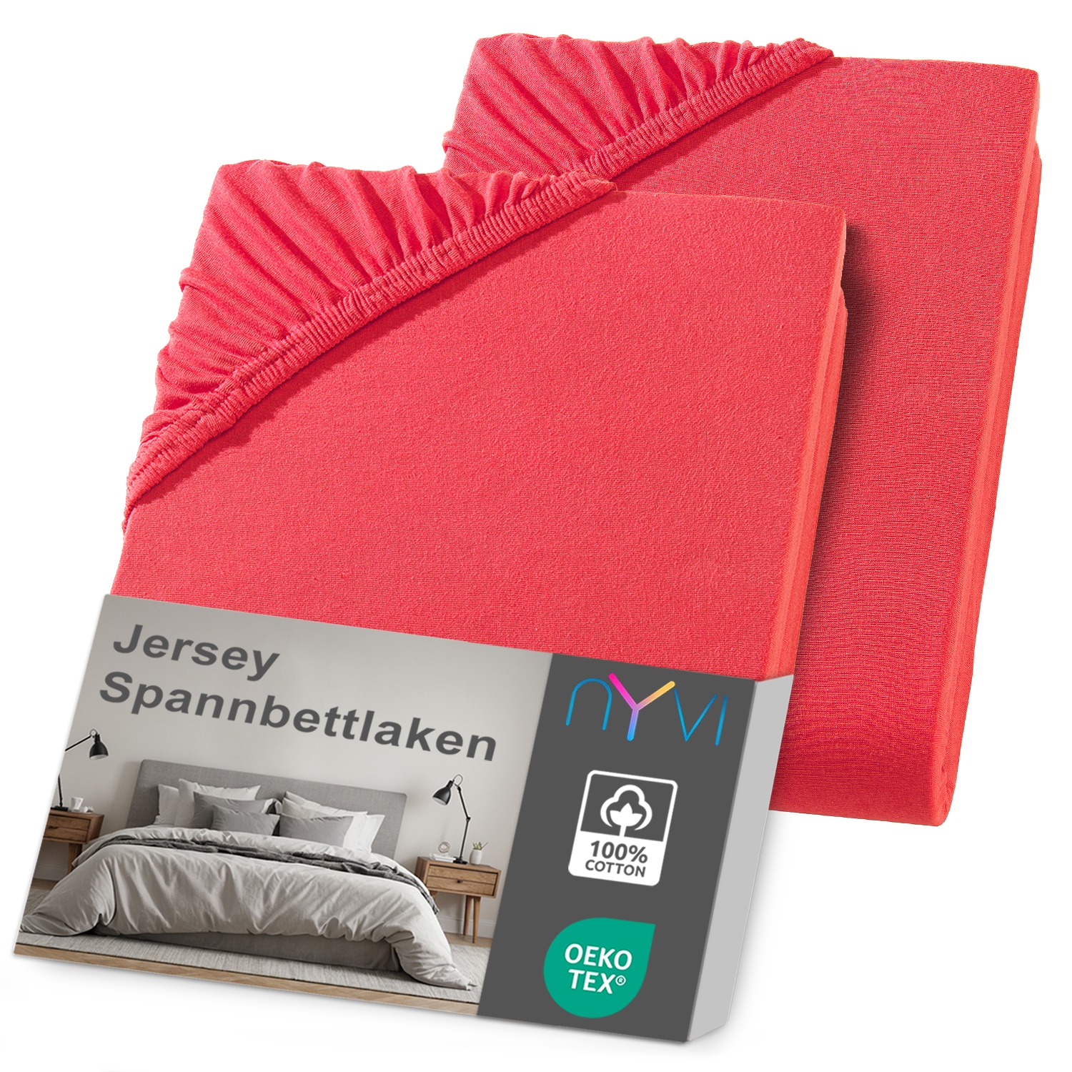 NYVI Jersey Spannbettlaken DreamScience f&uuml;r Matratzen bis 22 cm H&ouml;he - Weich & Anschmiegsam, Rundumgummizug, B&uuml;gelfrei Farbe:rot;Gr&ouml;&szlig;e:140x200 - 160x200 cm (2er Pack) - Bild 1