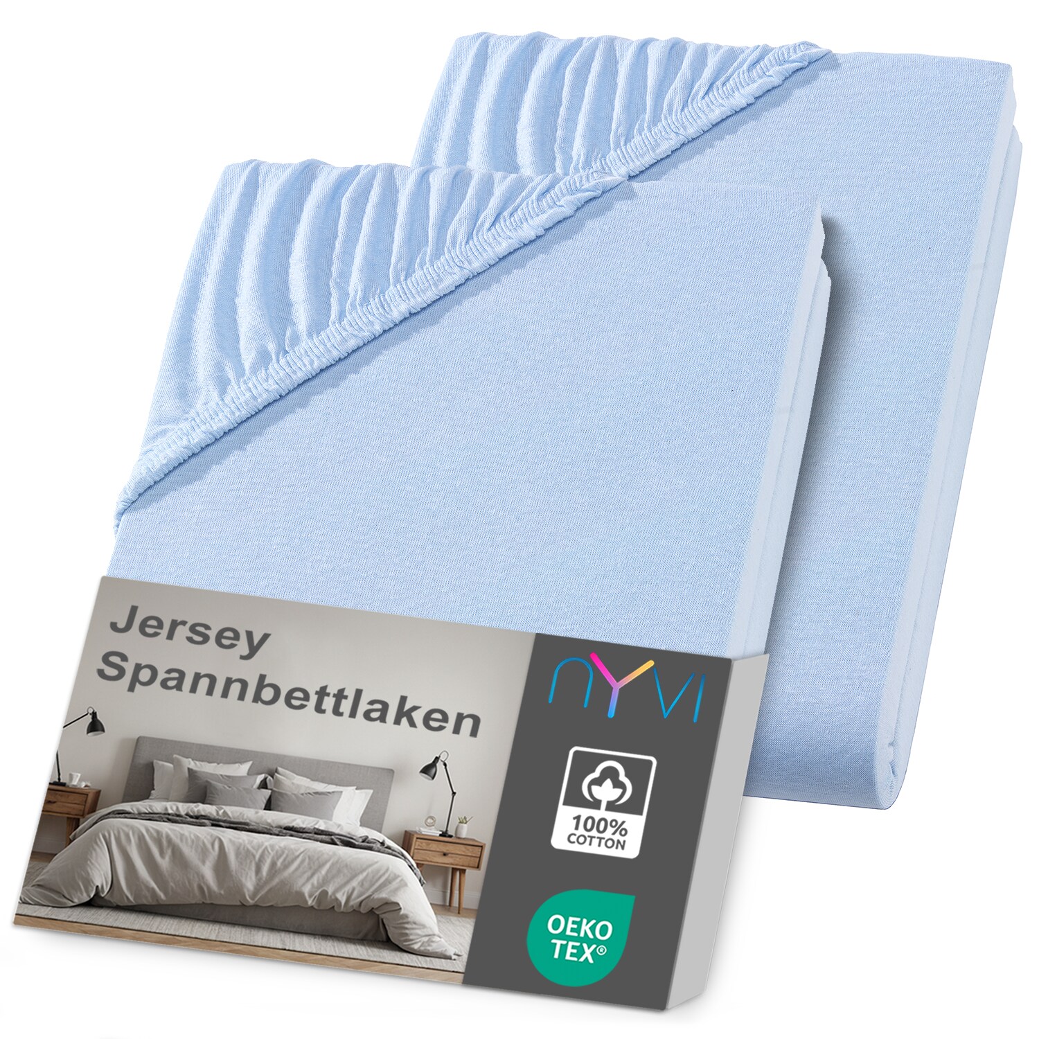 NYVI Jersey Spannbettlaken DreamScience f&uuml;r Matratzen bis 22 cm H&ouml;he - Weich & Anschmiegsam, Rundumgummizug, B&uuml;gelfrei Farbe:hellblau;Gr&ouml;&szlig;e:180x200 - 200x200 cm (2er Pack) - Bild 1