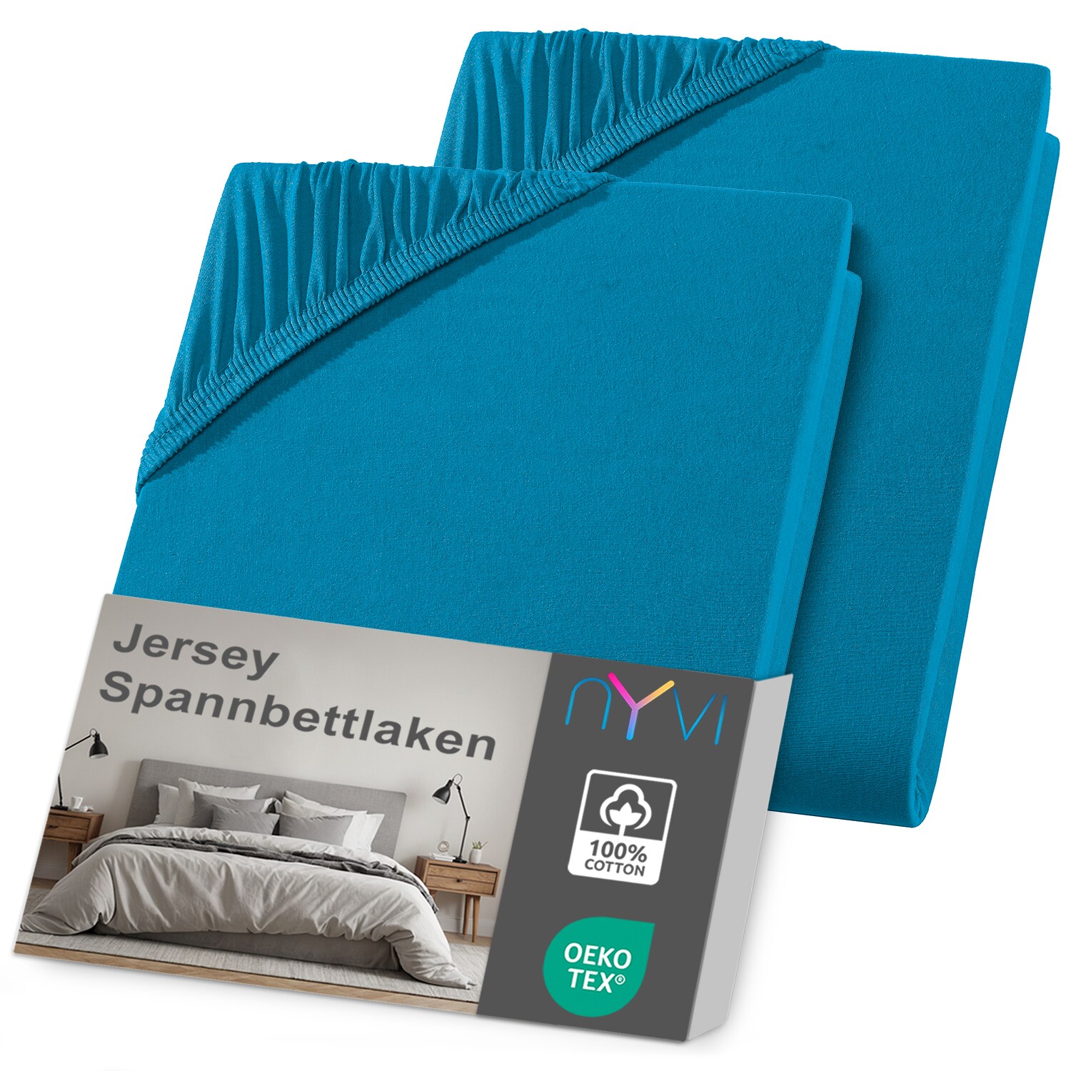 NYVI Jersey Spannbettlaken DreamScience f&uuml;r Matratzen bis 22 cm H&ouml;he - Weich & Anschmiegsam, Rundumgummizug, B&uuml;gelfrei Farbe:petrol;Gr&ouml;&szlig;e:180x200 - 200x200 cm (2er Pack) - Bild 1
