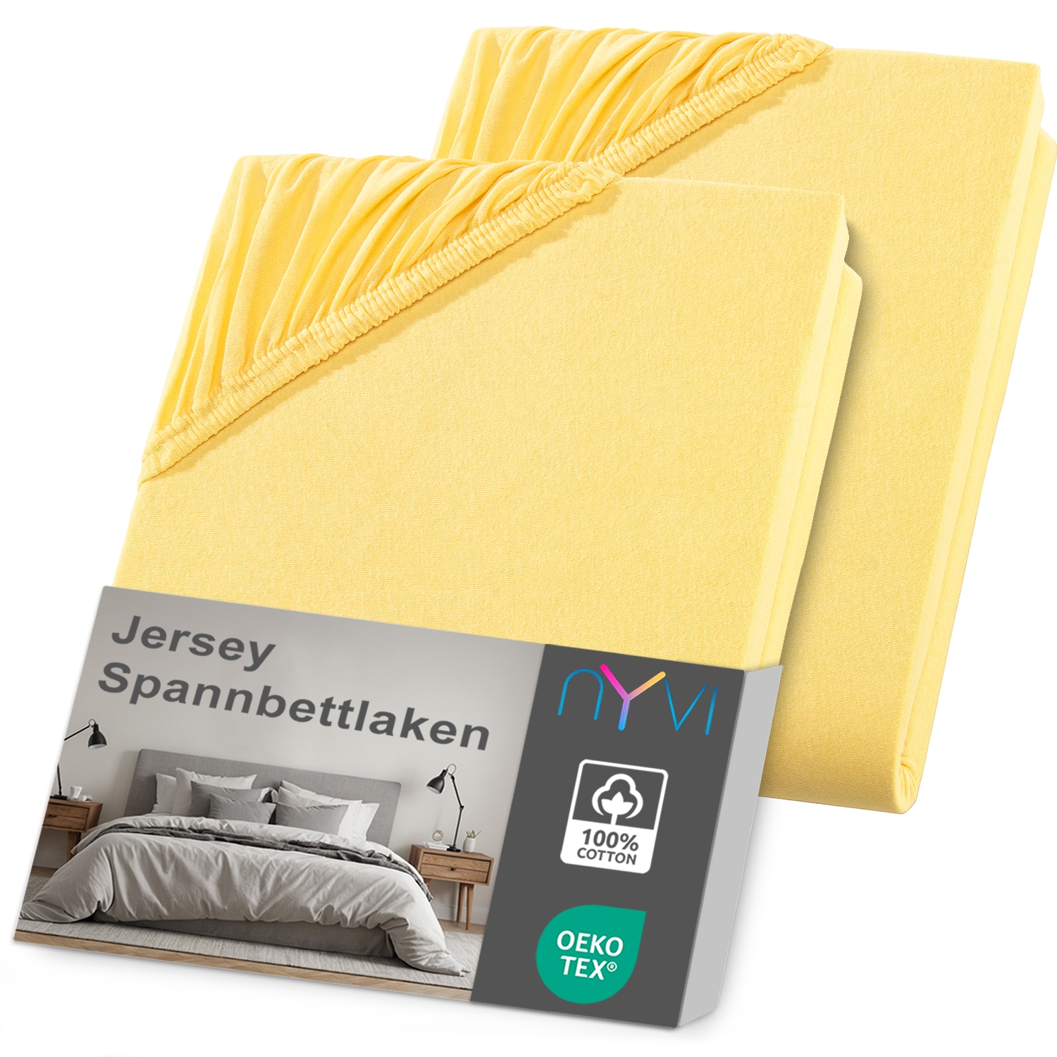NYVI Jersey Spannbettlaken DreamScience f&uuml;r Matratzen bis 22 cm H&ouml;he - Weich & Anschmiegsam, Rundumgummizug, B&uuml;gelfrei Farbe:gelb;Gr&ouml;&szlig;e:180x200 - 200x200 cm (2er Pack) - Bild 1