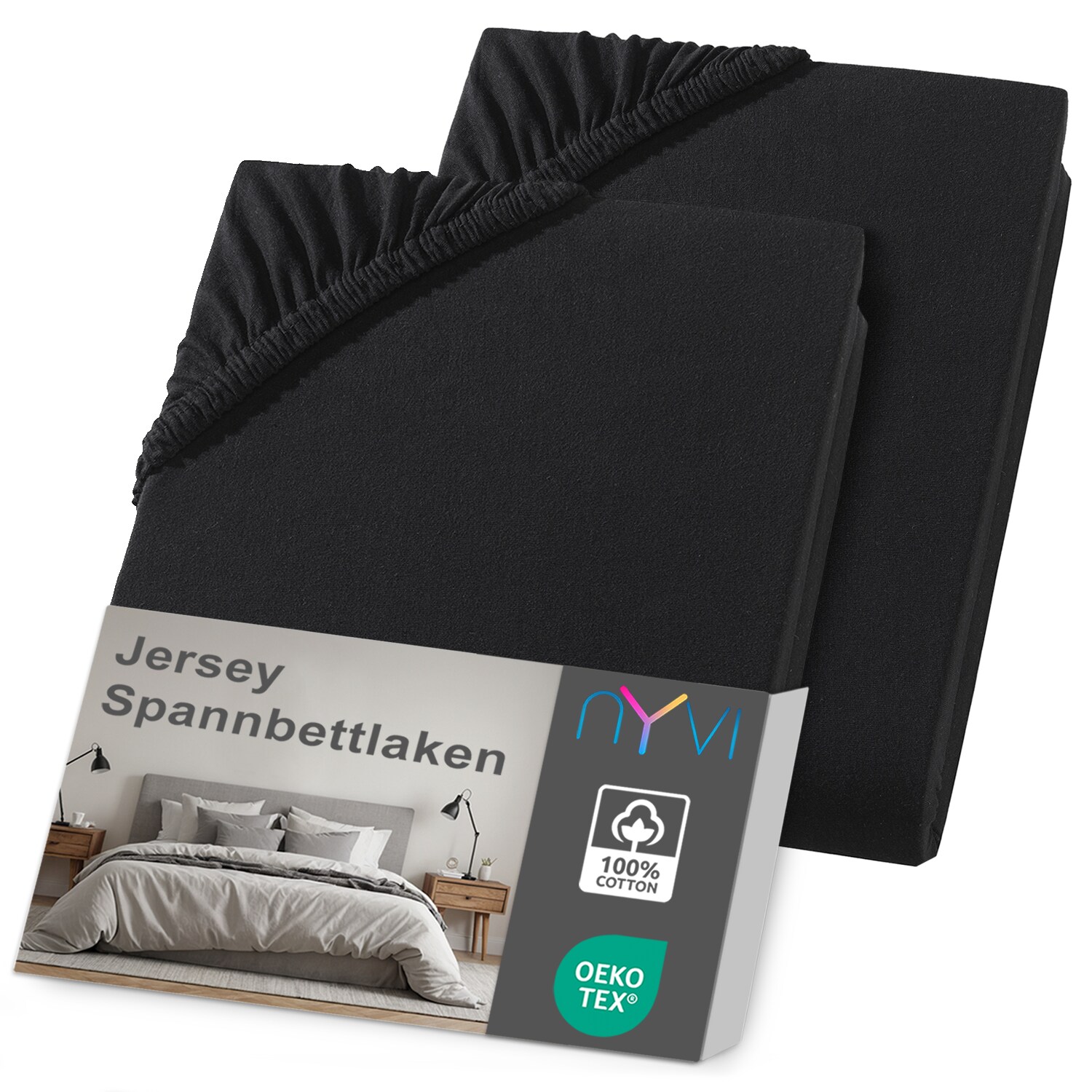 NYVI Jersey Spannbettlaken DreamScience f&uuml;r Matratzen bis 22 cm H&ouml;he - Weich & Anschmiegsam, Rundumgummizug, B&uuml;gelfrei Farbe:schwarz;Gr&ouml;&szlig;e:180x200 - 200x200 cm (2er Pack) - Bild 1