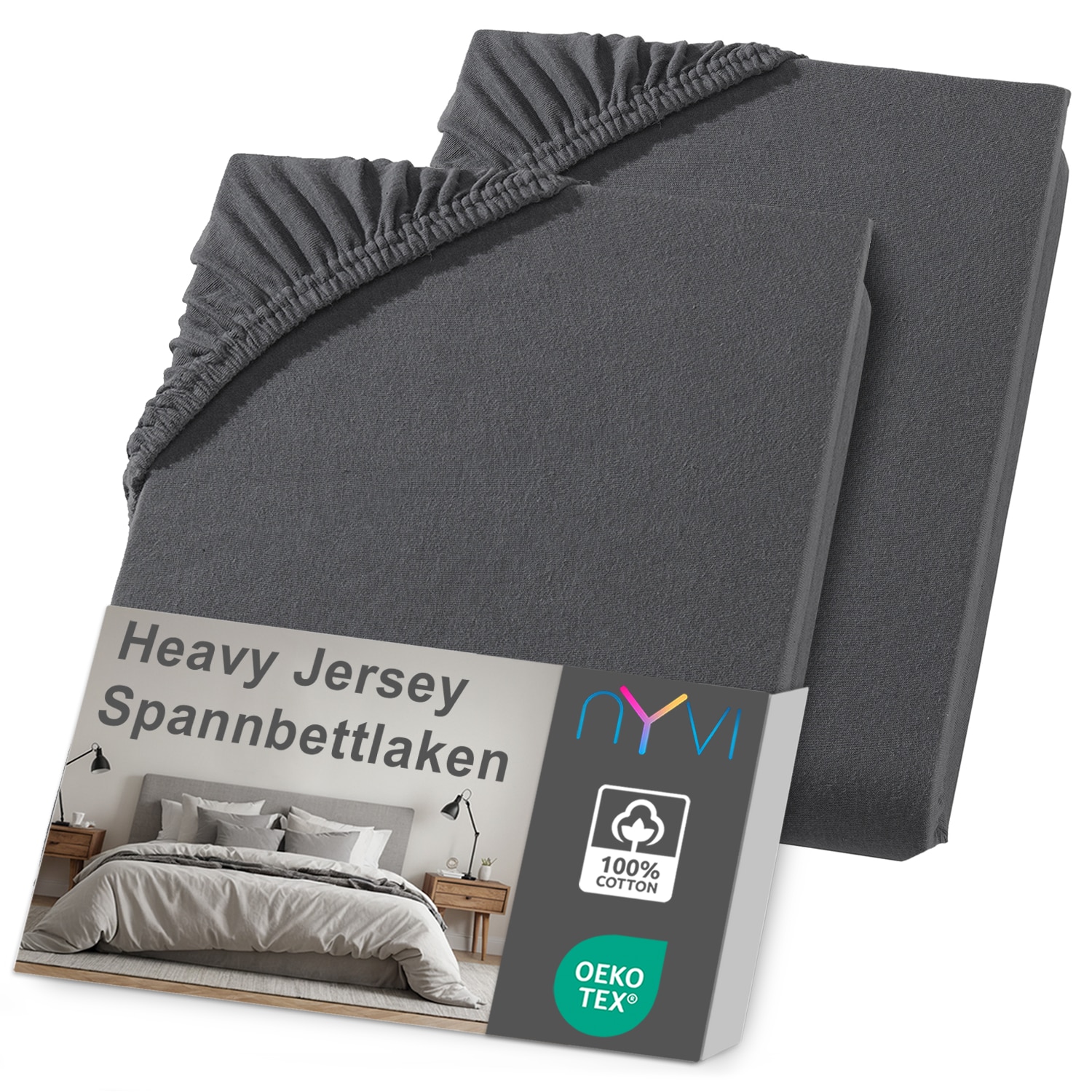NYVI Spannbettlaken DreamScience Heavy Jersey  - Spannbetttuch, Formstabil, 160g/m&sup2;, Rundum-Gummizug, B&uuml;gelfrei Farbe:anthrazit;Gr&ouml;&szlig;e:120x200 - 130x200 cm (2er Pack) - Bild 1