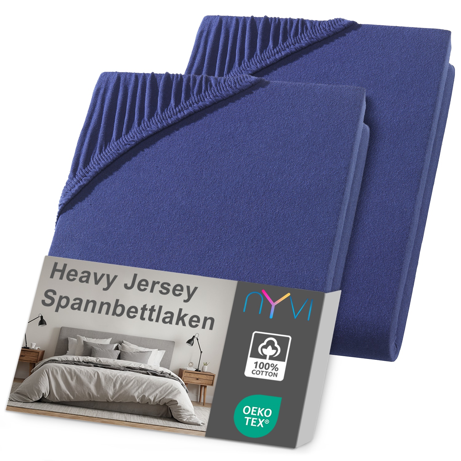 NYVI Spannbettlaken DreamScience Heavy Jersey  - Spannbetttuch, Formstabil, 160g/m&sup2;, Rundum-Gummizug, B&uuml;gelfrei Farbe:navyblau;Gr&ouml;&szlig;e:140x200 - 160x200 cm (2er Pack) - Bild 1