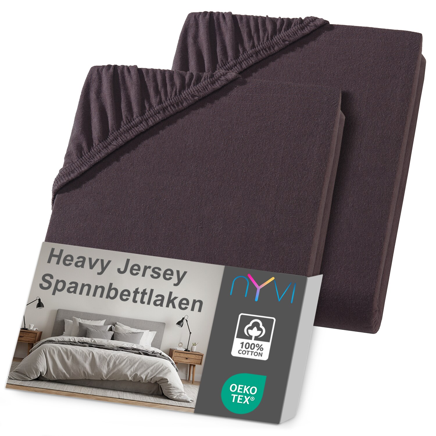NYVI Spannbettlaken DreamScience Heavy Jersey - Spannbetttuch, Formstabil, 160g/m², Rundum-Gummizug, Bügelfrei Farbe:braun;Größe:180 - 200x220 + 40 cm Boxspringbett (2er Pack)