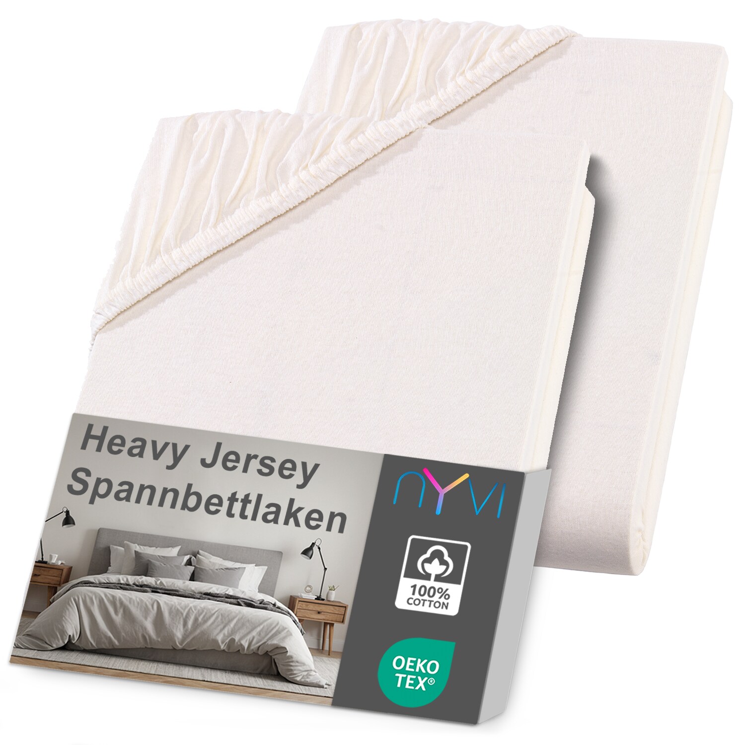 NYVI Spannbettlaken DreamScience Heavy Jersey - Spannbetttuch, Formstabil, 160g/m², Rundum-Gummizug, Bügelfrei Farbe:natur;Größe:140 - 160x220 + 40 cm Boxspringbett (2er Pack)