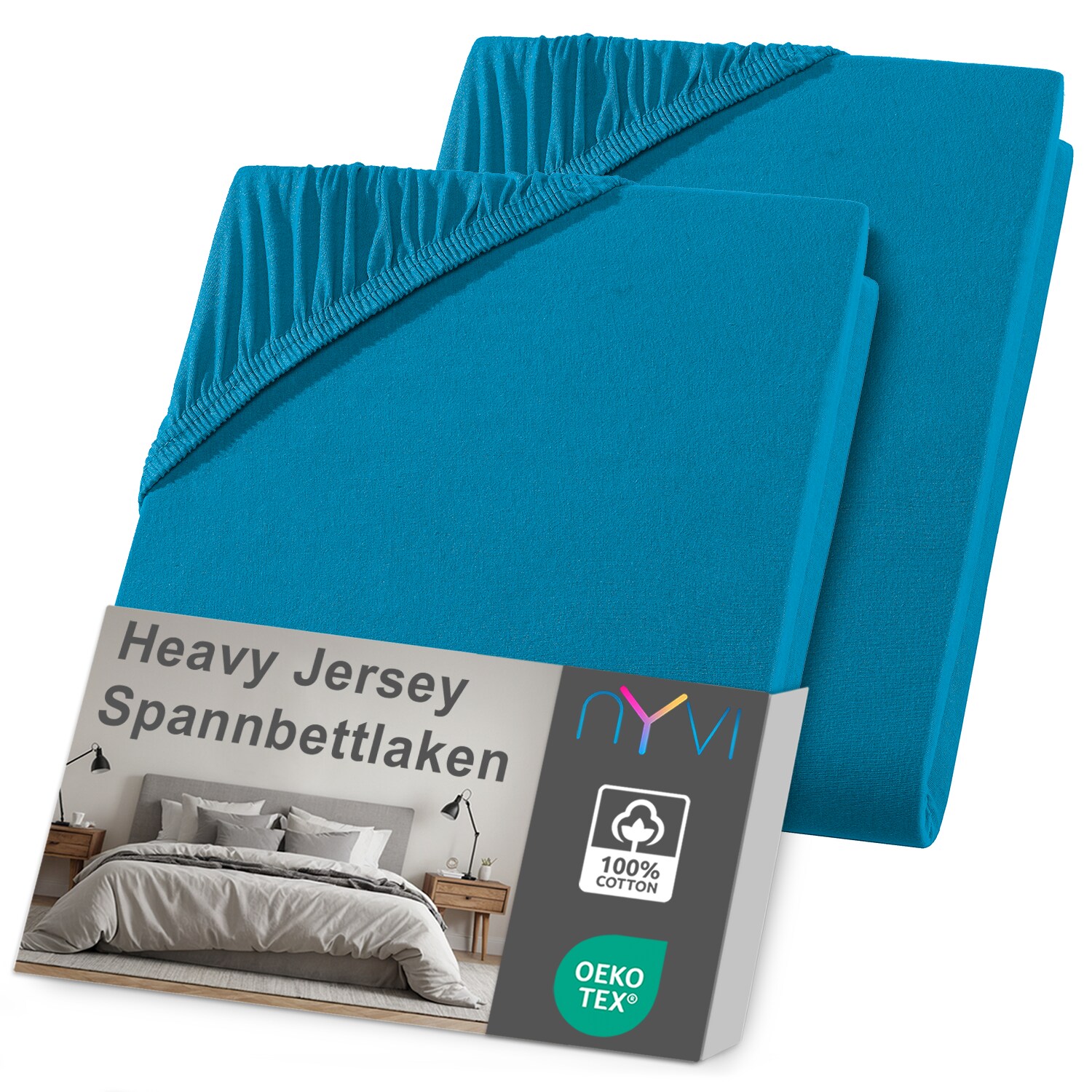 NYVI Spannbettlaken DreamScience Heavy Jersey - Spannbetttuch, Formstabil, 160g/m², Rundum-Gummizug, Bügelfrei Farbe:petrol;Größe:180x200 - 200x200 + 15 cm Topper (2er Pack)