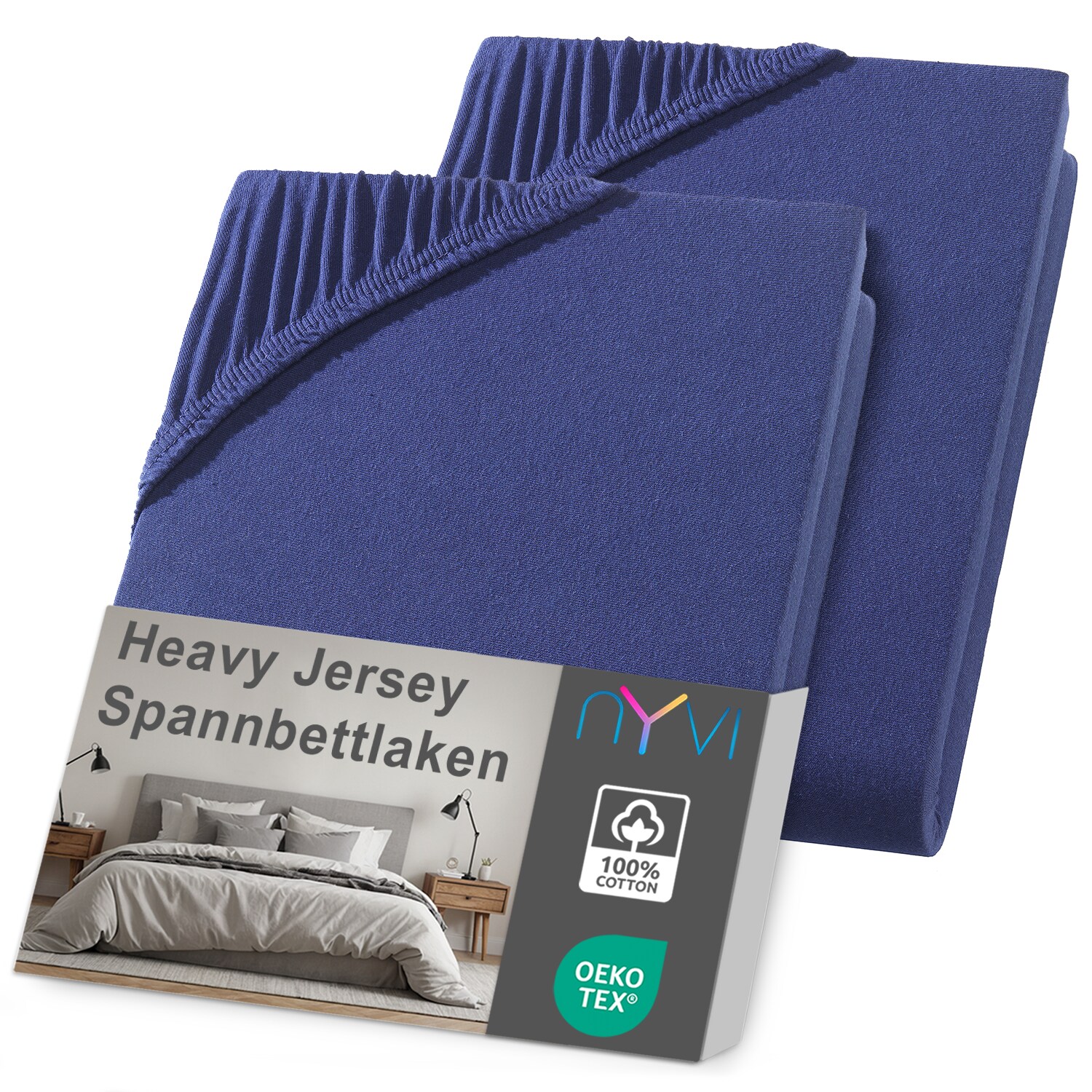 NYVI Spannbettlaken DreamScience Heavy Jersey  - Spannbetttuch, Formstabil, 160g/m&sup2;, Rundum-Gummizug, B&uuml;gelfrei Farbe:navyblau;Gr&ouml;&szlig;e:180x200 - 200x200 + 15 cm Topper (2er Pack) - Bild 1
