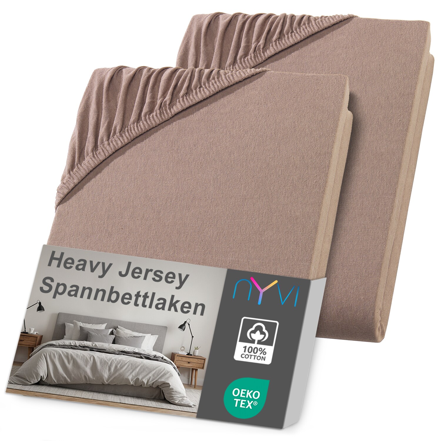 NYVI Spannbettlaken DreamScience Heavy Jersey  - Spannbetttuch, Formstabil, 160g/m&sup2;, Rundum-Gummizug, B&uuml;gelfrei Farbe:nougat;Gr&ouml;&szlig;e:180x200 - 200x200 + 15 cm Topper (2er Pack) - Bild 1
