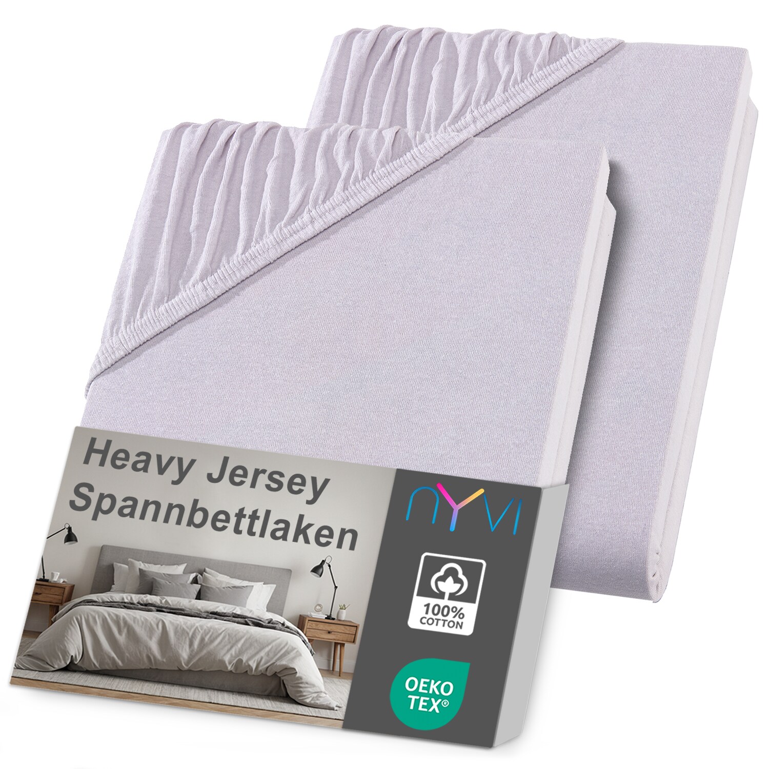 NYVI Spannbettlaken DreamScience Heavy Jersey - Spannbetttuch, Formstabil, 160g/m², Rundum-Gummizug, Bügelfrei Farbe:silber;Größe:180x200 - 200x200 + 15 cm Topper (2er Pack)