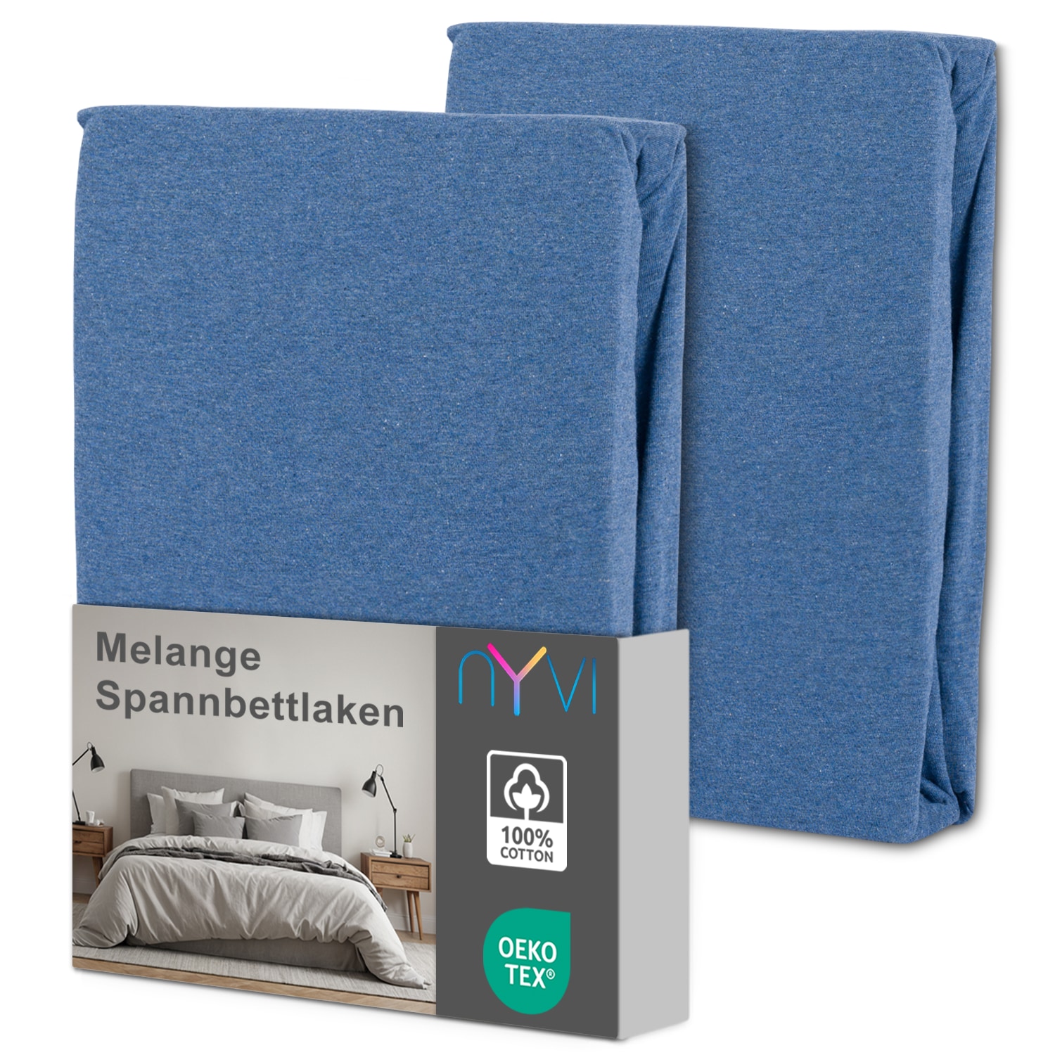 NYVI Spannbettlaken DreamScience Melange f&uuml;r Matratzen bis 22 cm H&ouml;he - 100% Baumwolle, Vintage Leinenoptik, B&uuml;gelfrei, Einlaufschutz Farbe:jeansblau;Gr&ouml;&szlig;e:90x200 - 100x200 cm (2er Pack) - Bild 1