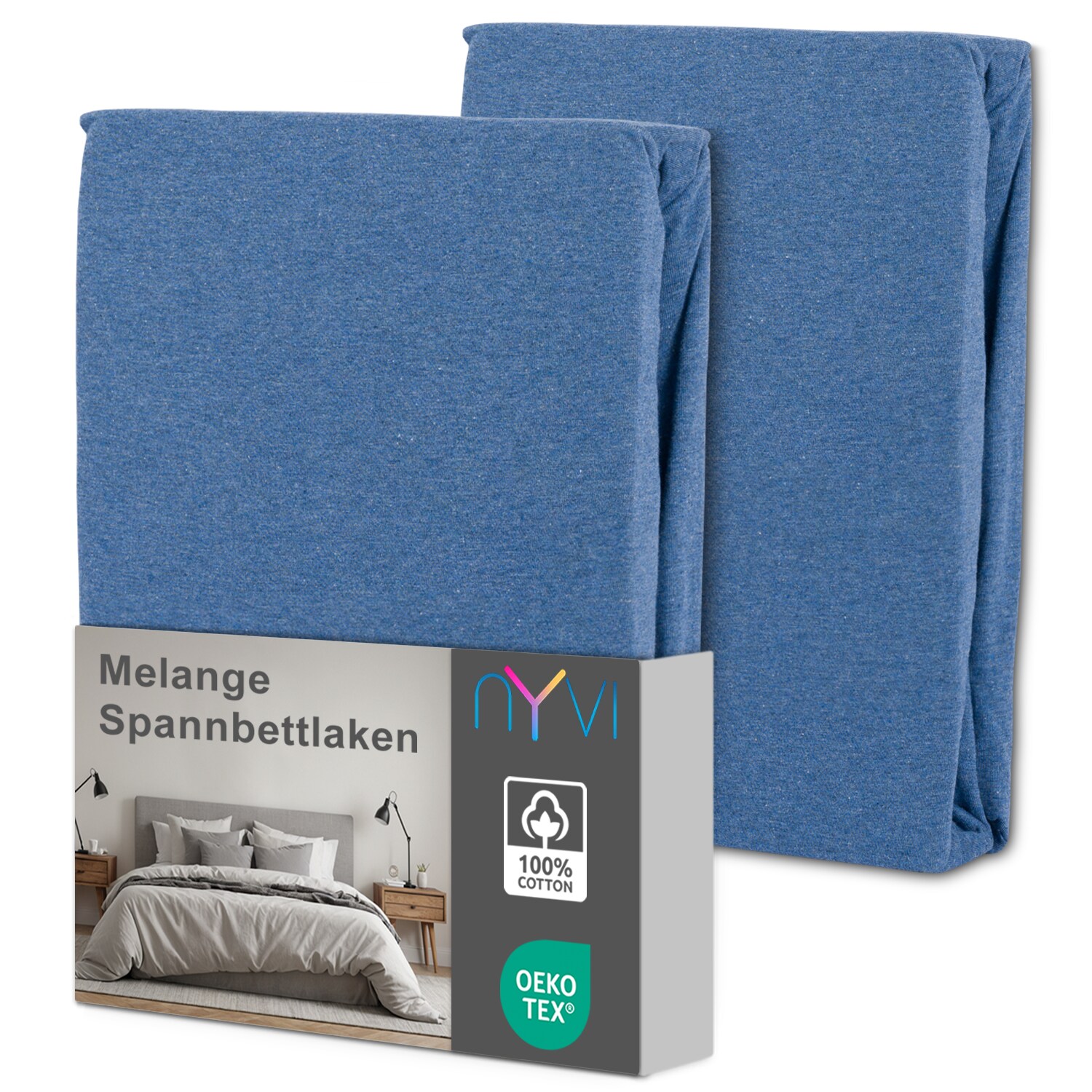 NYVI Spannbettlaken DreamScience Melange f&uuml;r Matratzen bis 22 cm H&ouml;he - 100% Baumwolle, Vintage Leinenoptik, B&uuml;gelfrei, Einlaufschutz Farbe:jeansblau;Gr&ouml;&szlig;e:180x200 - 200x200 cm (2er Pack) - Bild 1