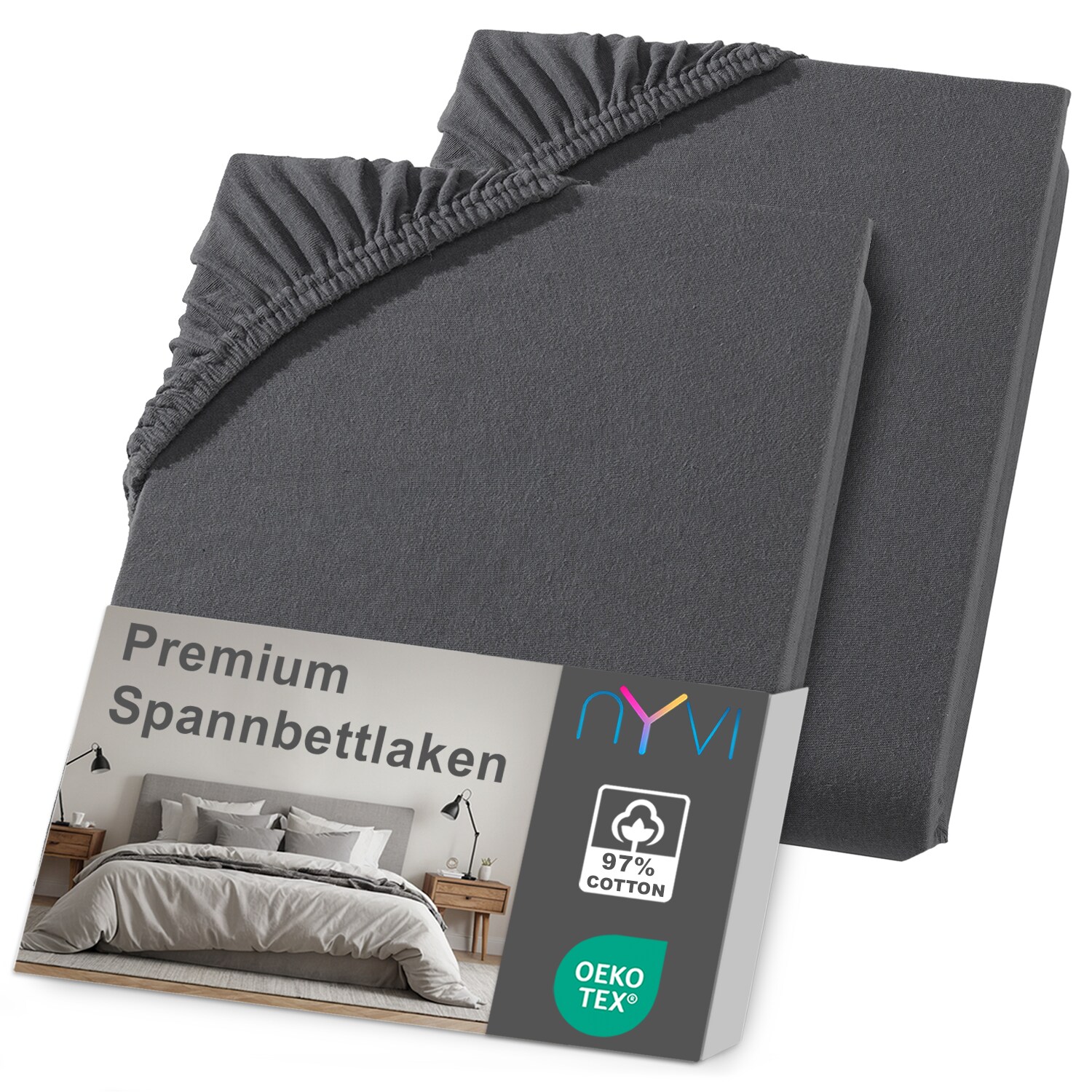NYVI Spannbettlaken DreamScience Premium - Komfort Spannbetttuch, 190g/m², Einlaufschutz, Bügelfrei, mit Gummizug Farbe:anthrazit;Größe:180x200 - 200x200 cm (2er Pack)