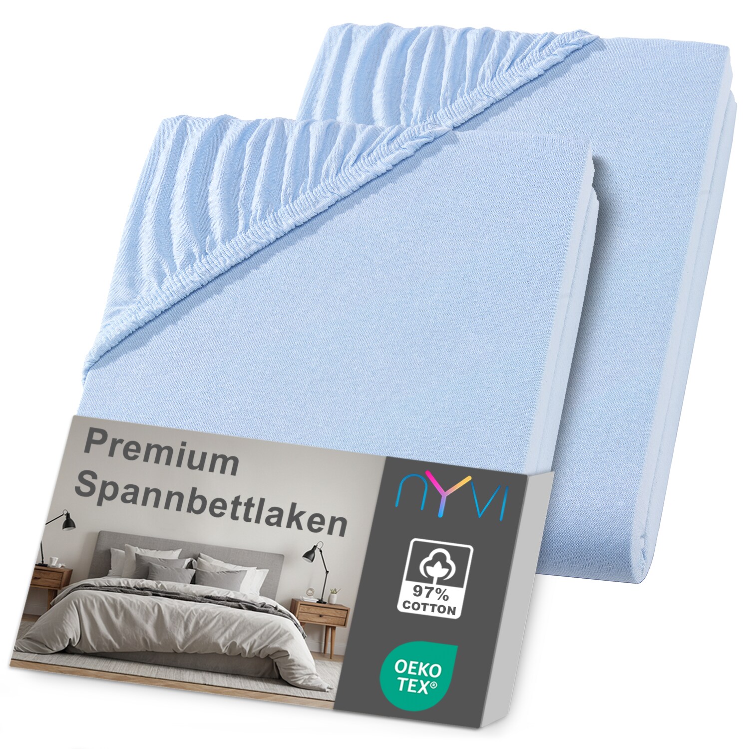 NYVI Spannbettlaken DreamScience Premium - Komfort Spannbetttuch, 190g/m², Einlaufschutz, Bügelfrei, mit Gummizug Farbe:hellblau;Größe:180 - 200x220 + 40 cm Boxspringbett (2er Pack)