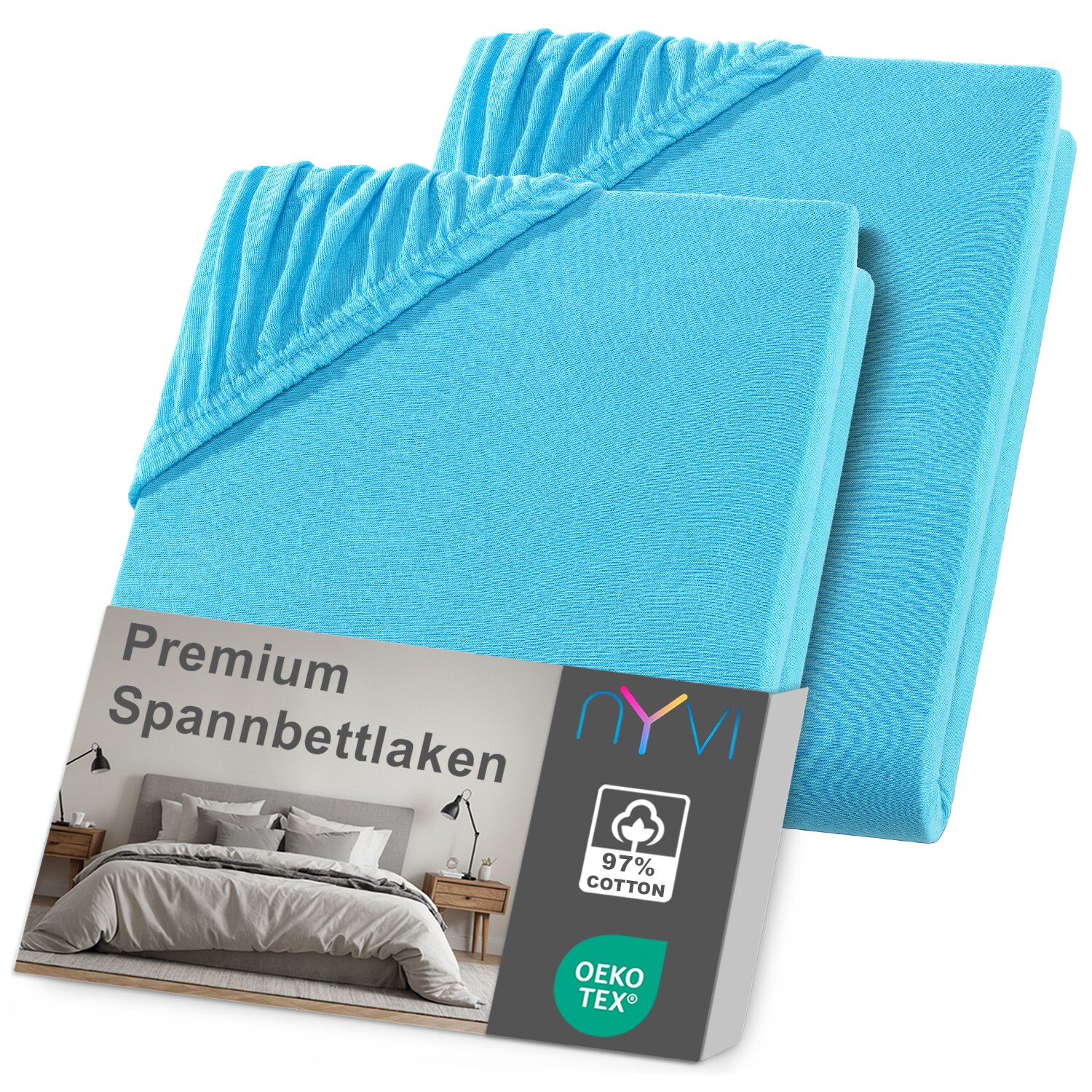 NYVI Spannbettlaken DreamScience Premium - Komfort Spannbetttuch, 190g/m&sup2;, Einlaufschutz, B&uuml;gelfrei, mit Gummizug Farbe:t&uuml;rkis;Gr&ouml;&szlig;e:180 - 200x220 + 40 cm Boxspringbett (2er Pack) - Bild 1